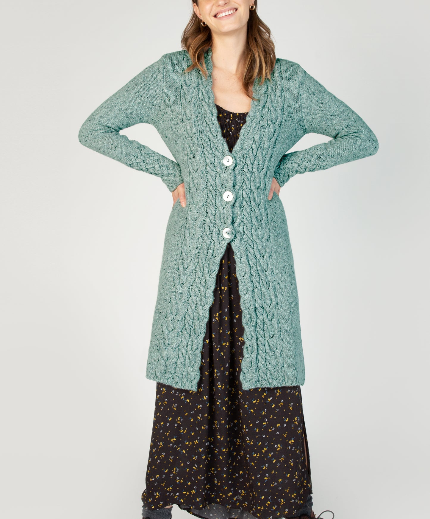 IrelandsEye Knitwear Horseshoe Cable Coat Ocean Mist