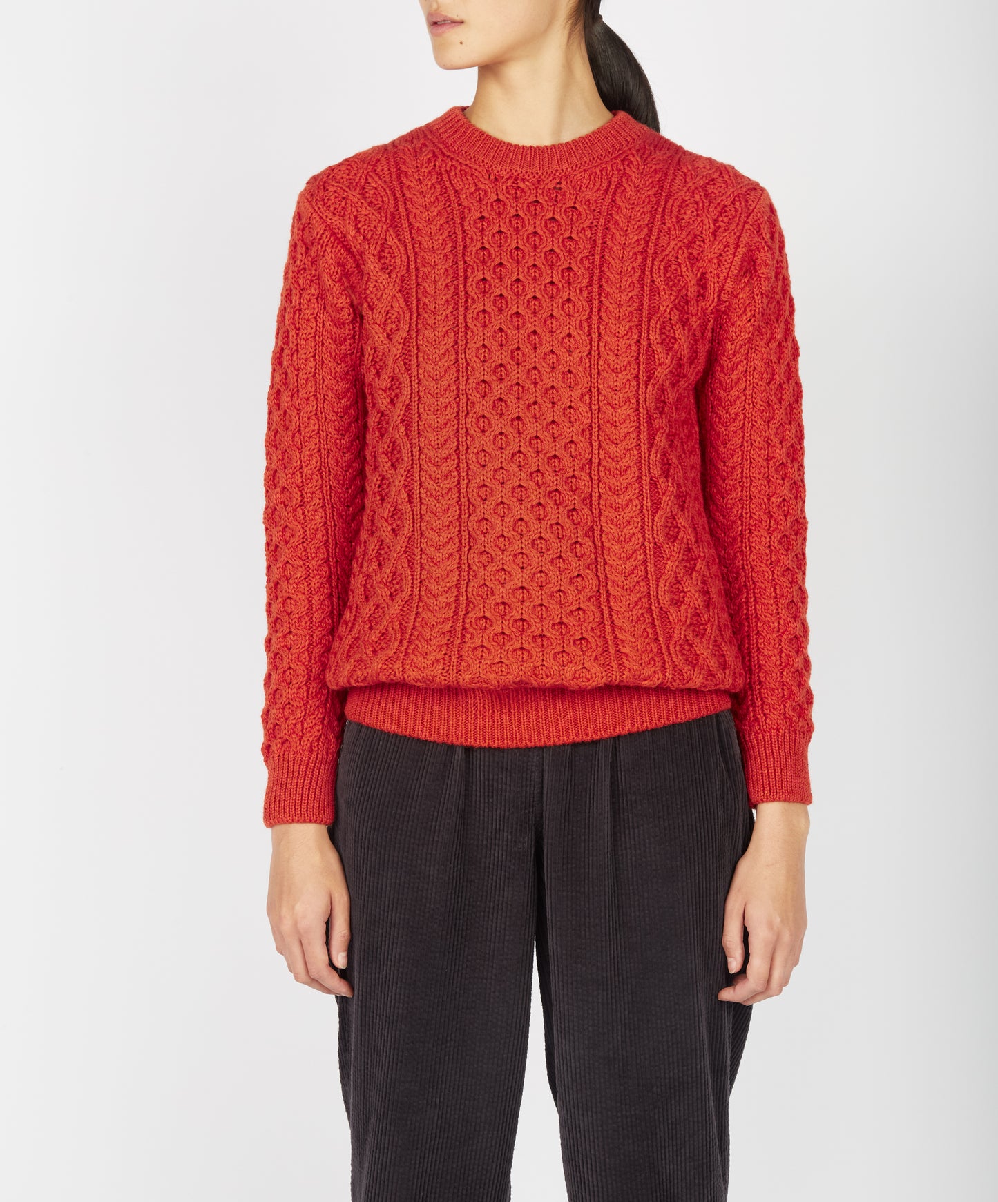 IrelandsEye Knitwear Blasket Honeycomb Stitch Womens Aran Sweater Orange Marl