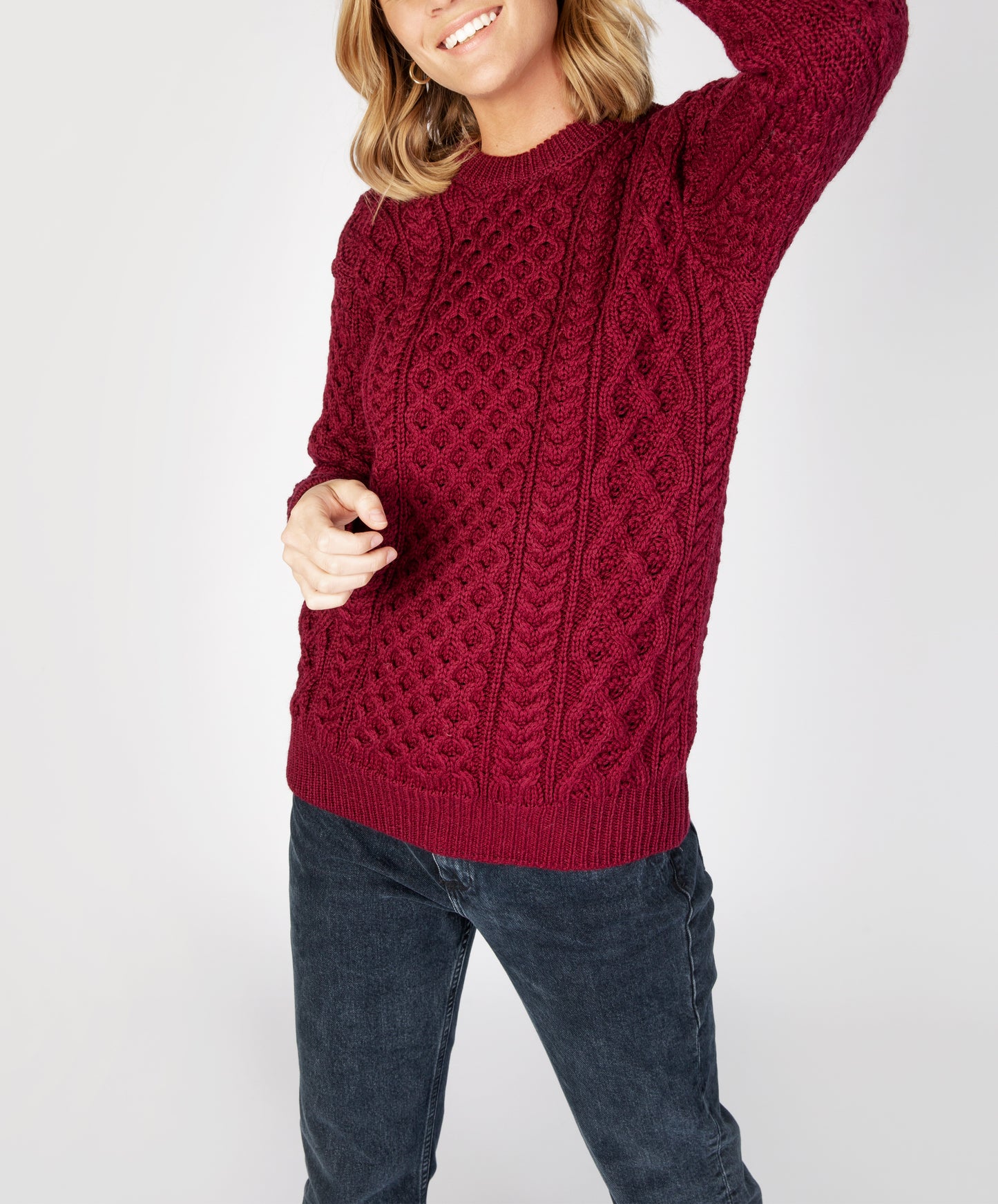 IrelandsEye Knitwear Blasket Honeycomb Stitch Womens Aran Sweater Claret