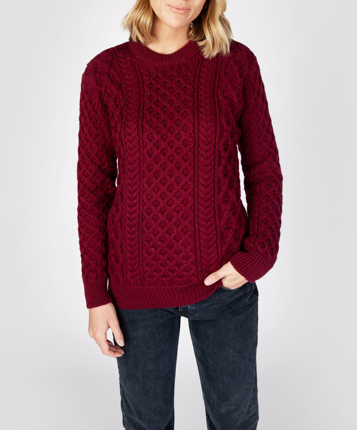 IrelandsEye Knitwear Blasket Honeycomb Stitch Womens Aran Sweater Claret