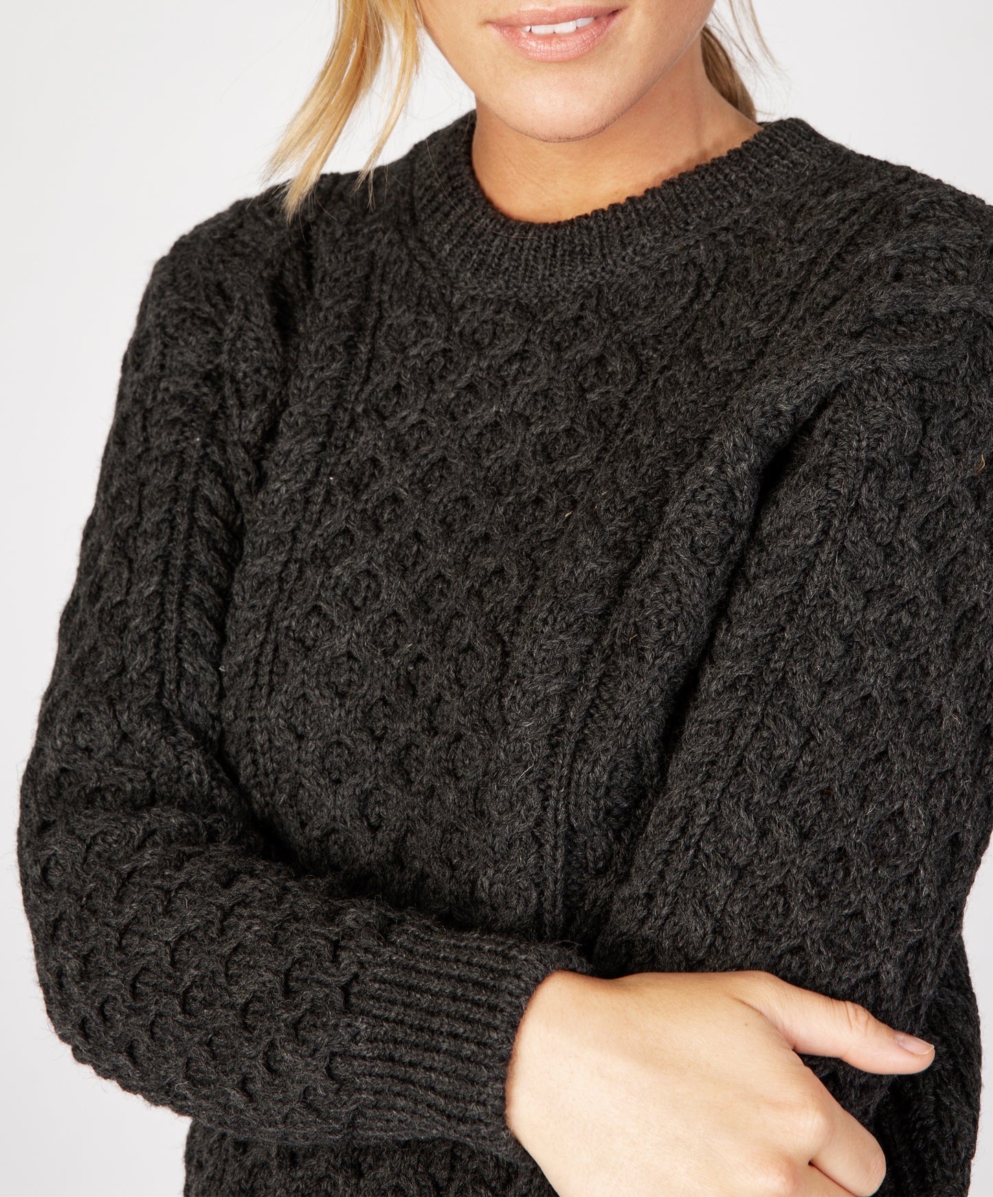 IrelandsEye Knitwear Blasket Honeycomb Stitch Womens Aran Sweater Graphite