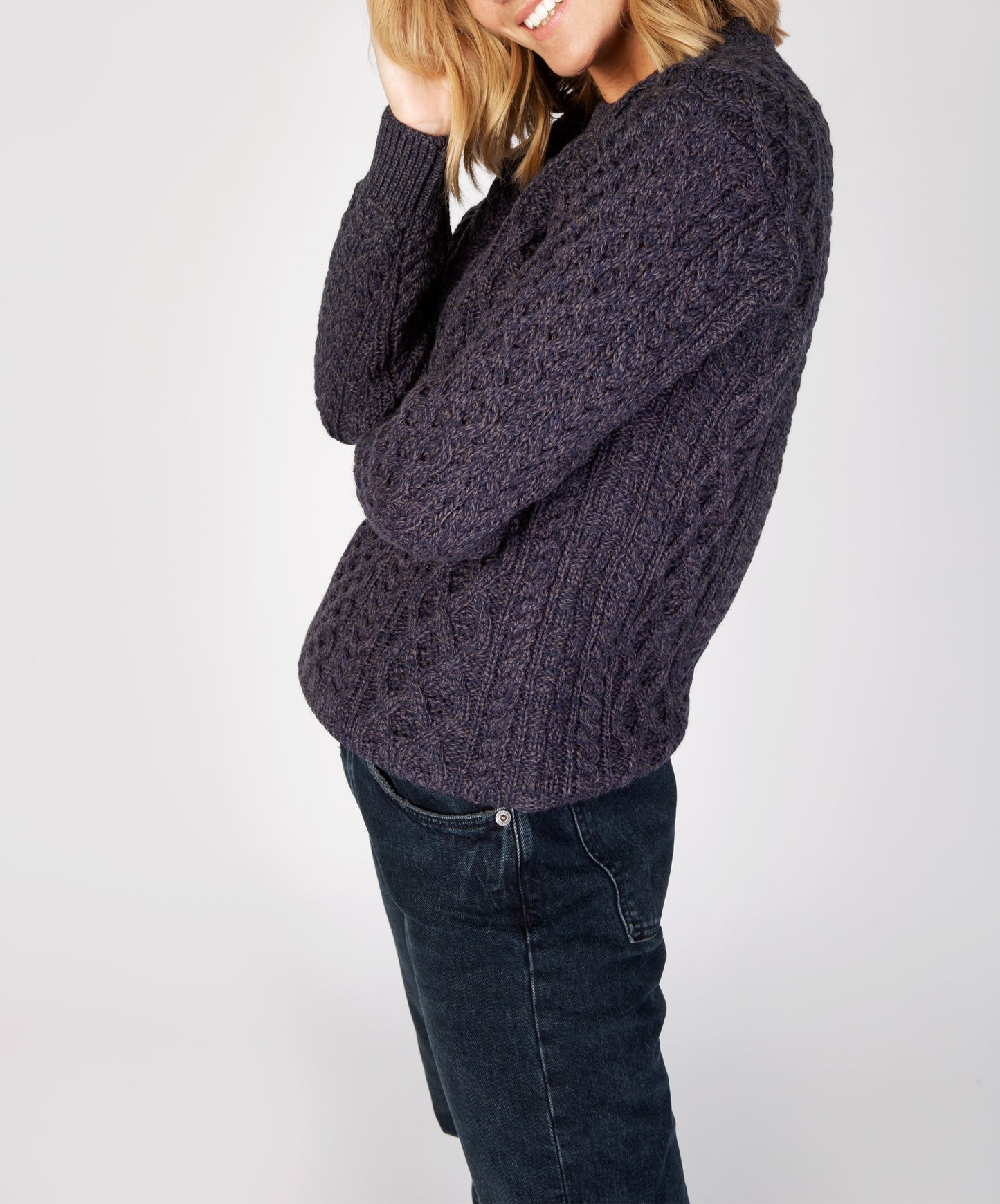 IrelandsEye Knitwear Blasket Honeycomb Stitch Womens Aran Sweater Navy Marl