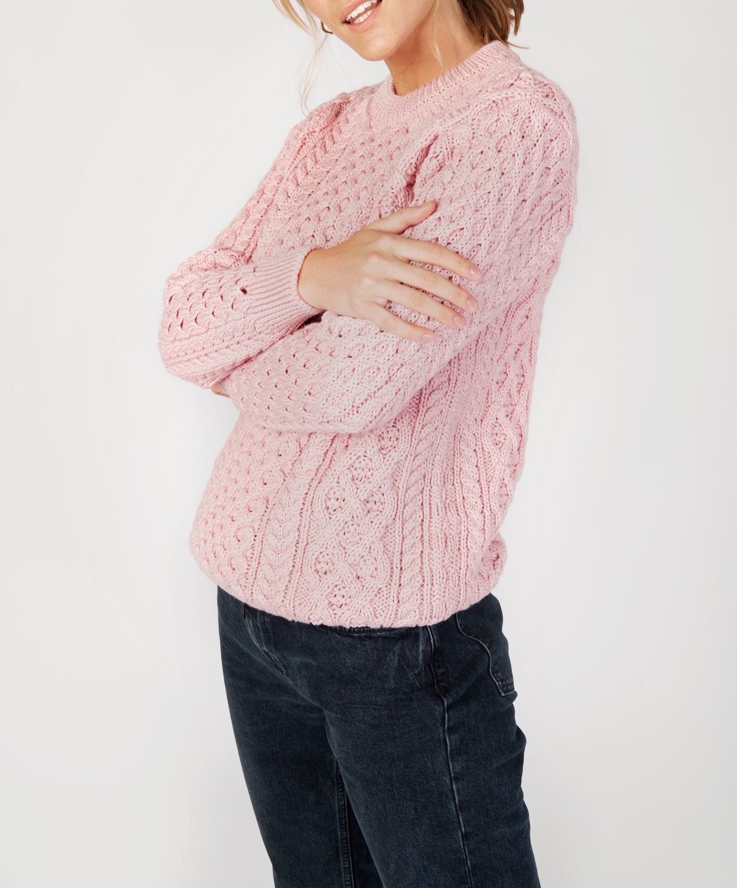 IrelandsEye Knitwear Blasket Honeycomb Stitch Womens Aran Sweater Pale Pink