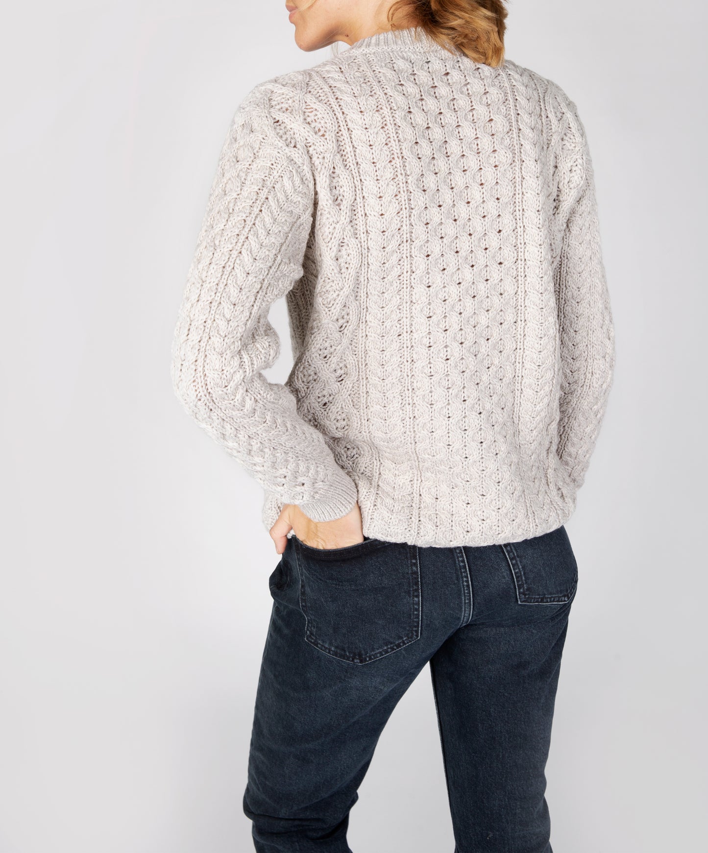 IrelandsEye Knitwear Blasket Honeycomb Stitch Womens Aran Sweater Silver Marl