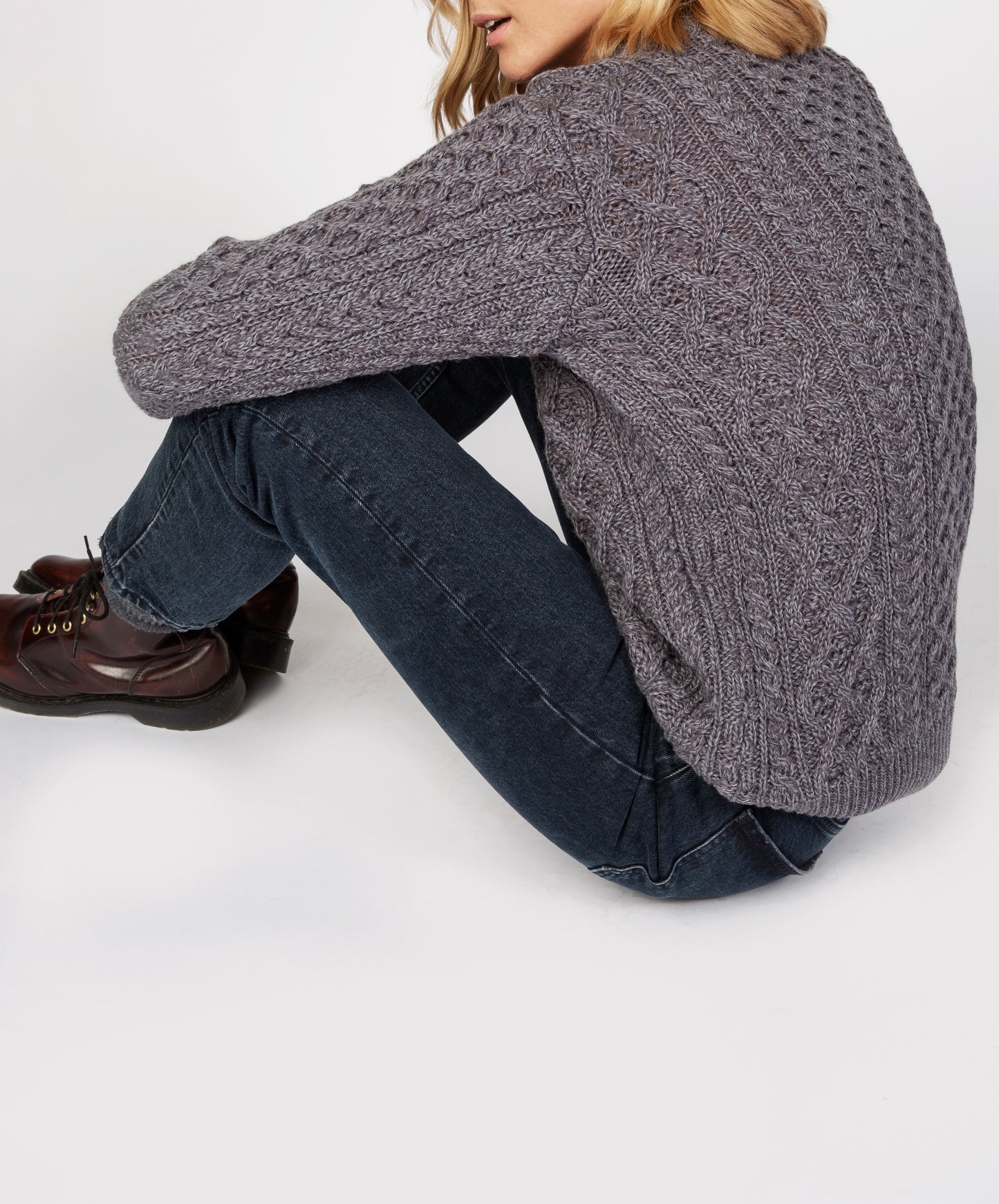 IrelandsEye Knitwear Blasket Honeycomb Stitch Womens Aran Sweater Steel Marl