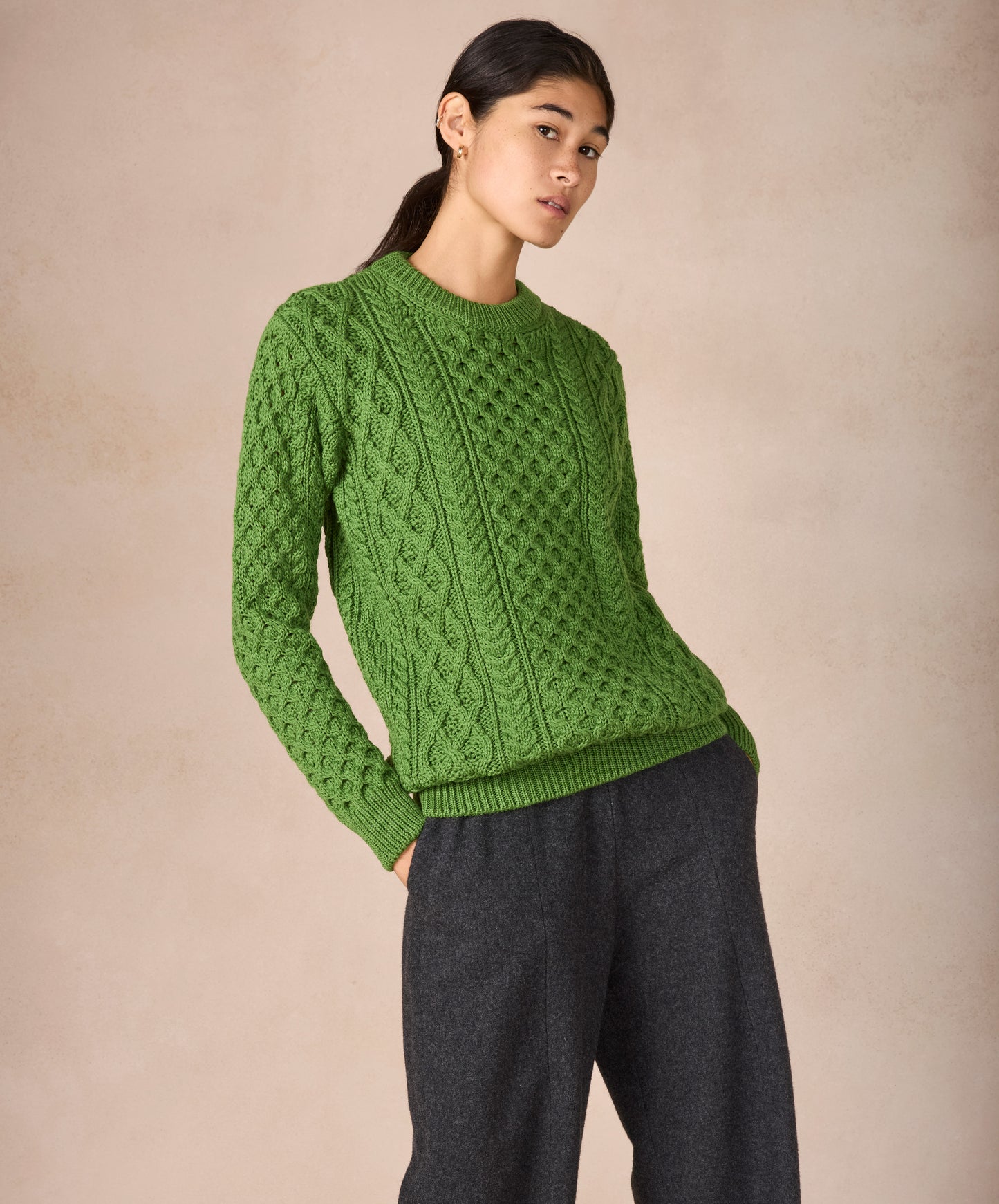 IrelandsEye Knitwear Blasket Honeycomb Stitch Womens Aran Sweater Moss