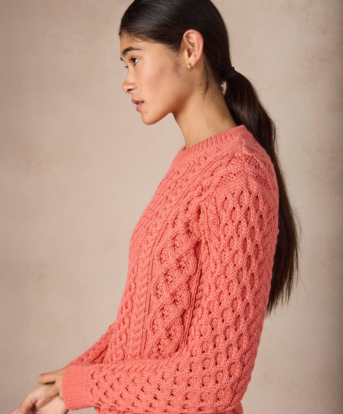 IrelandsEye Knitwear Blasket Honeycomb Stitch Womens Aran Sweater Salmon