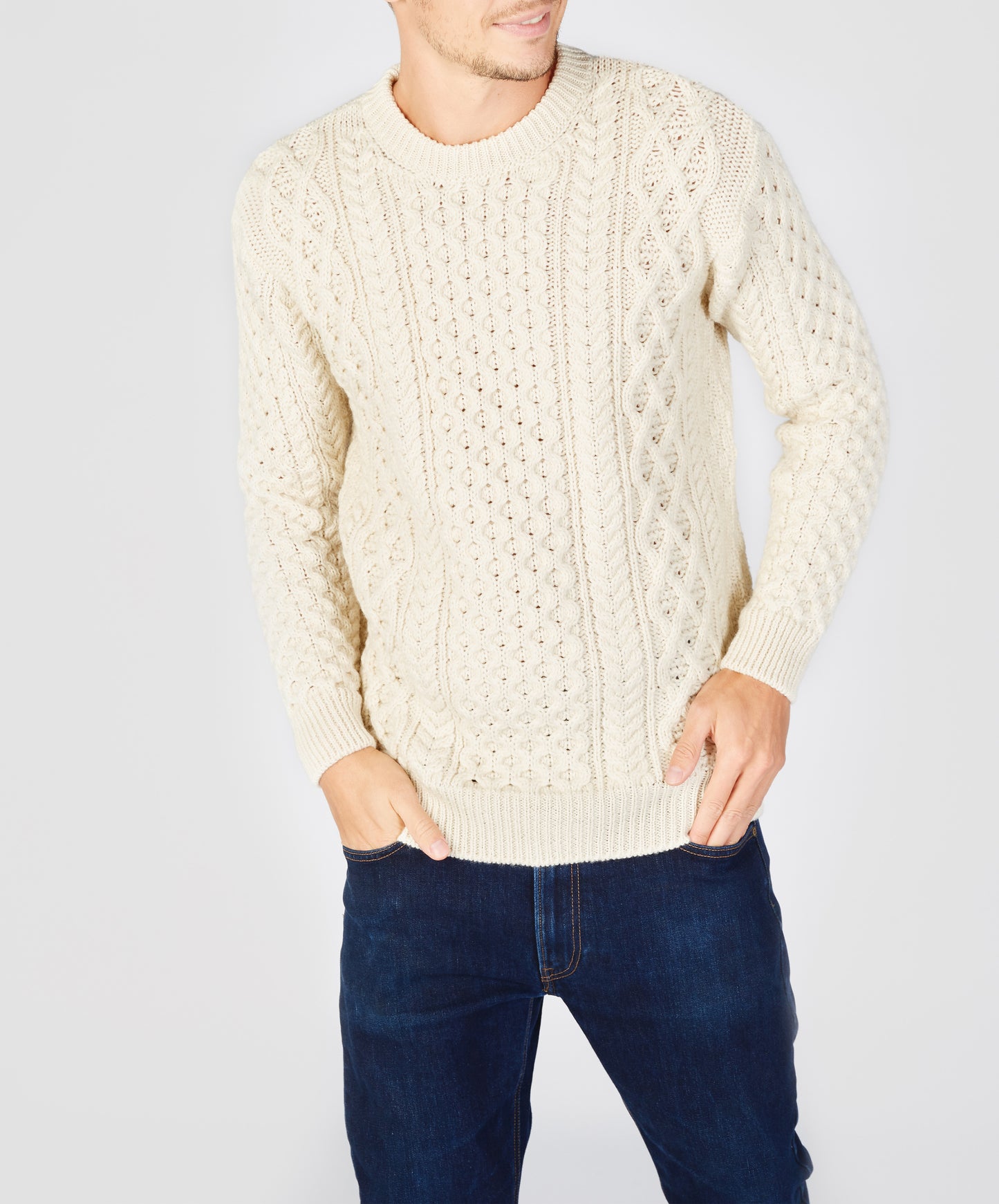 IrelandsEye Knitwear Blasket Honeycomb Stitch Mens Aran Sweater Natural
