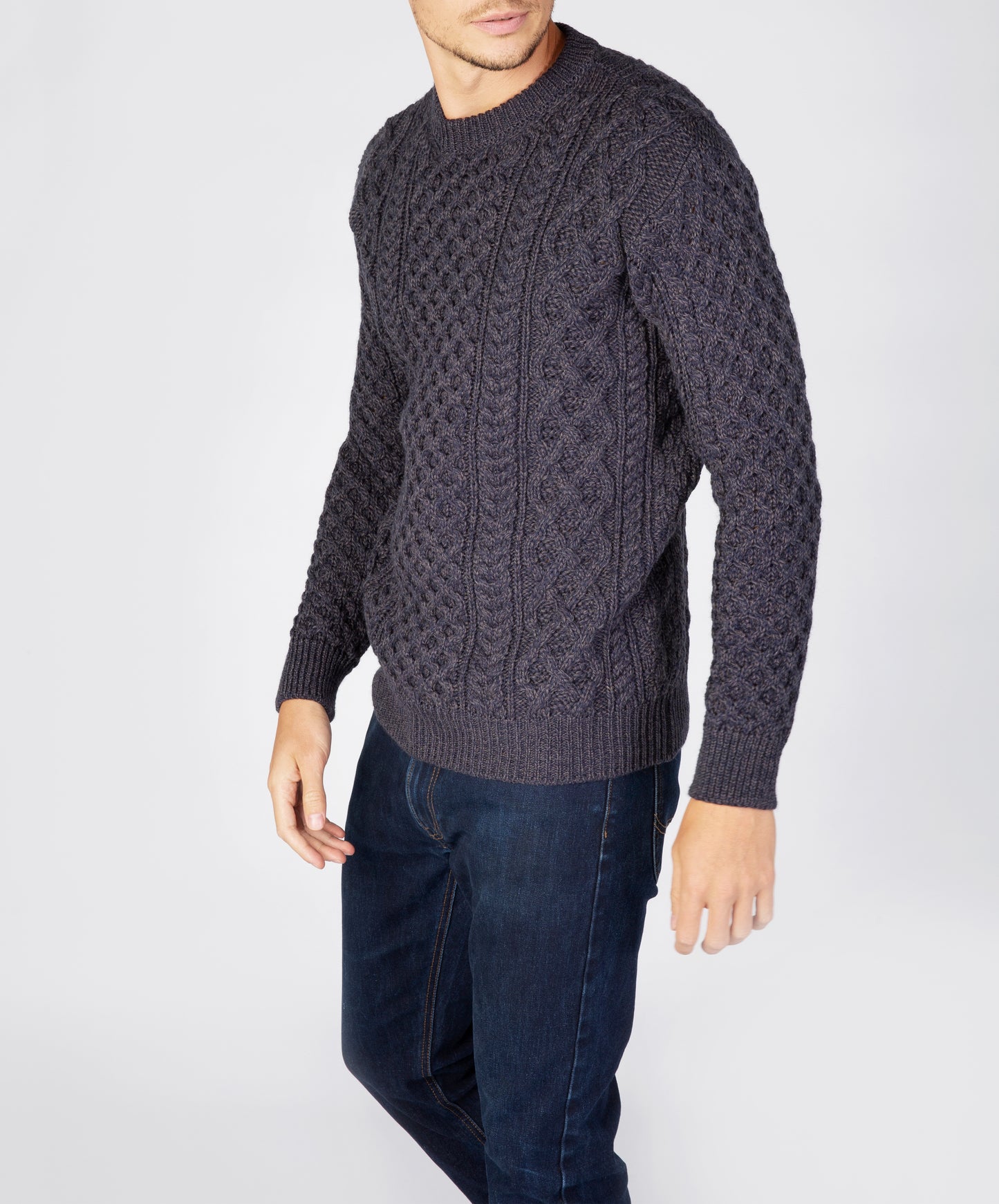 IrelandsEye Knitwear Blasket Honeycomb Stitch Mens Aran Sweater Navy Marl