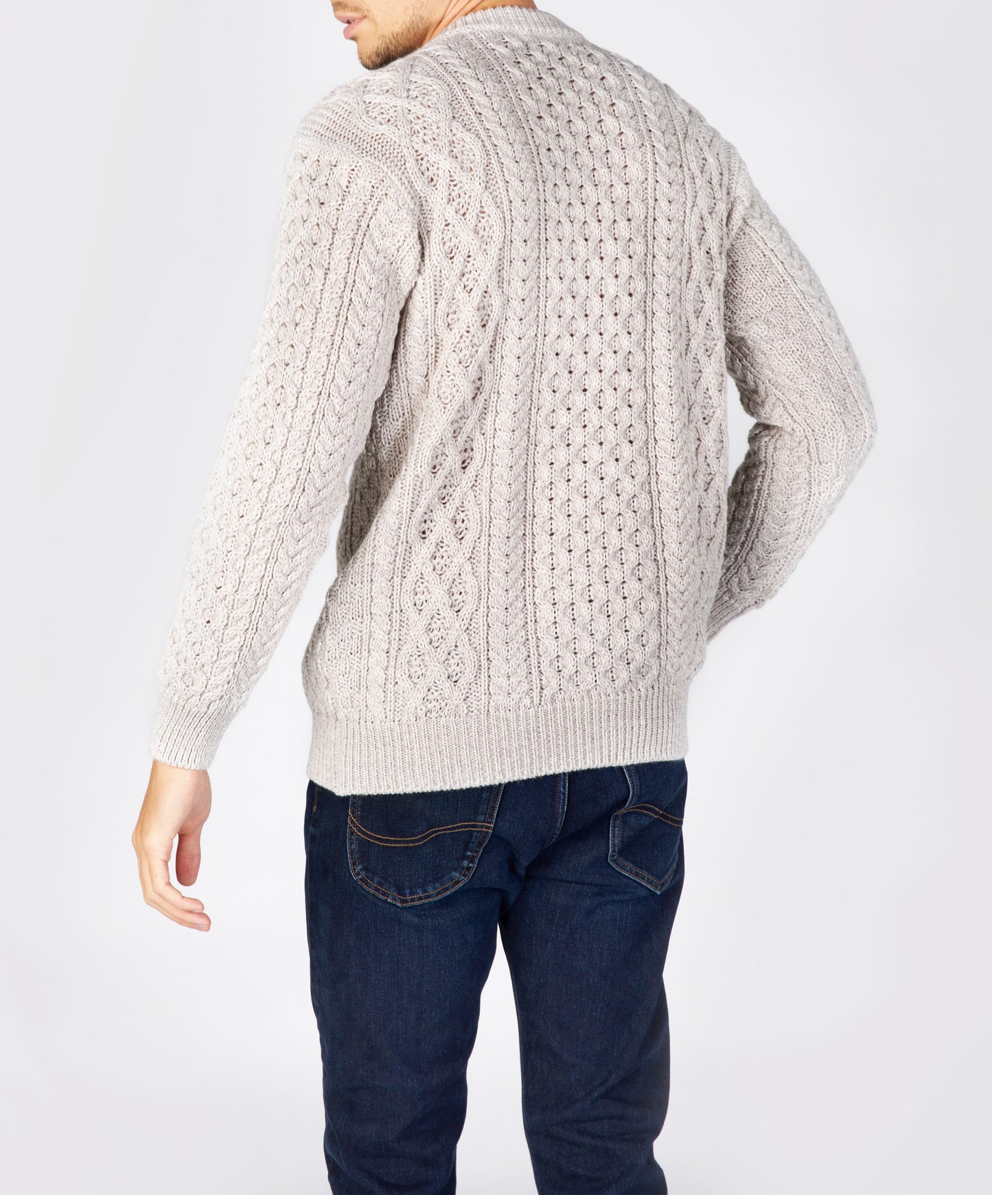 IrelandsEye Knitwear Blasket Honeycomb Stitch Mens Aran Sweater Silver Marl