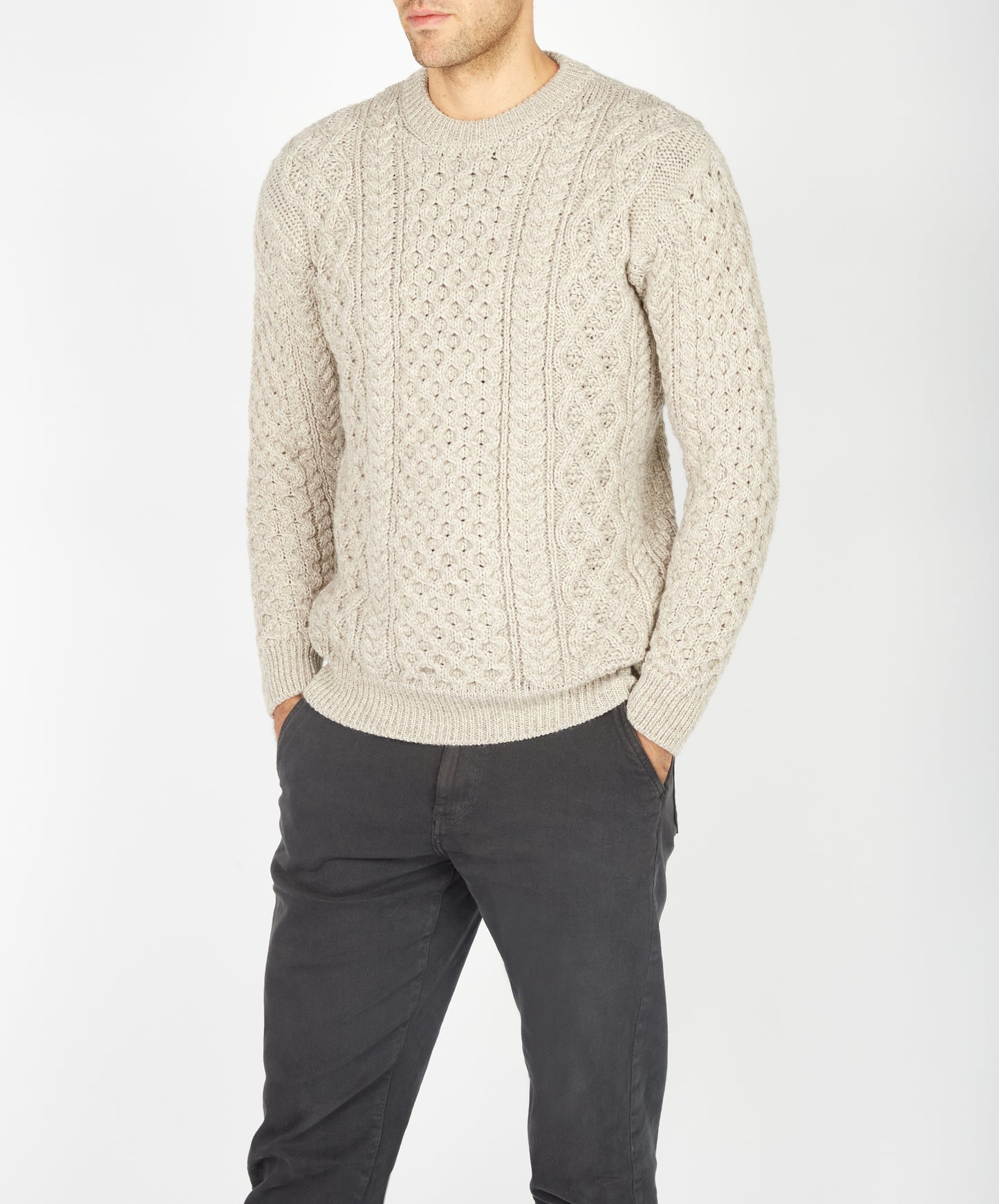 IrelandsEye Knitwear Blasket Honeycomb Stitch Mens Aran Sweater Stone Marl