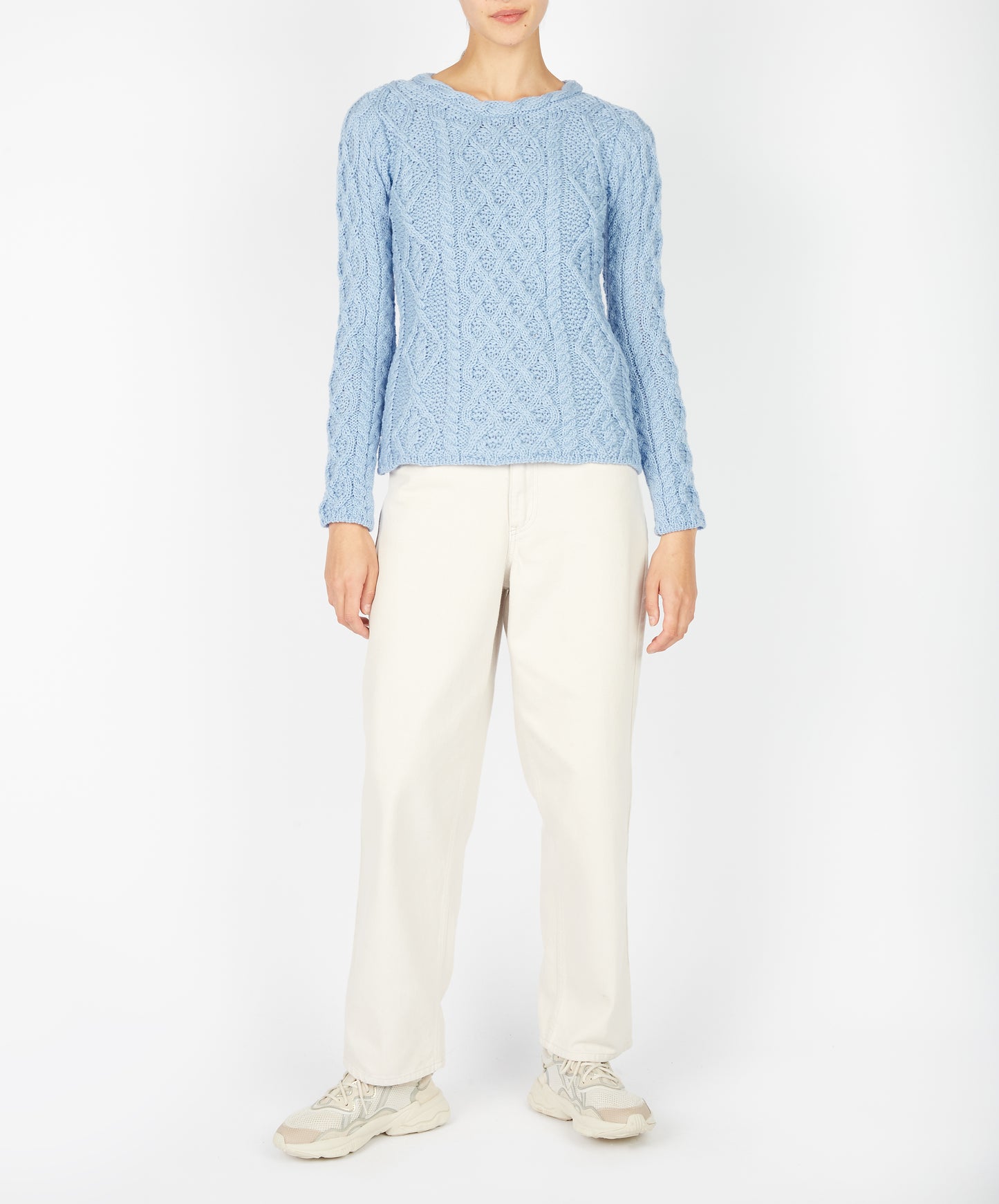 IrelandsEye Knitwear Lambay Lattice Cable Aran Sweater Morning Sky