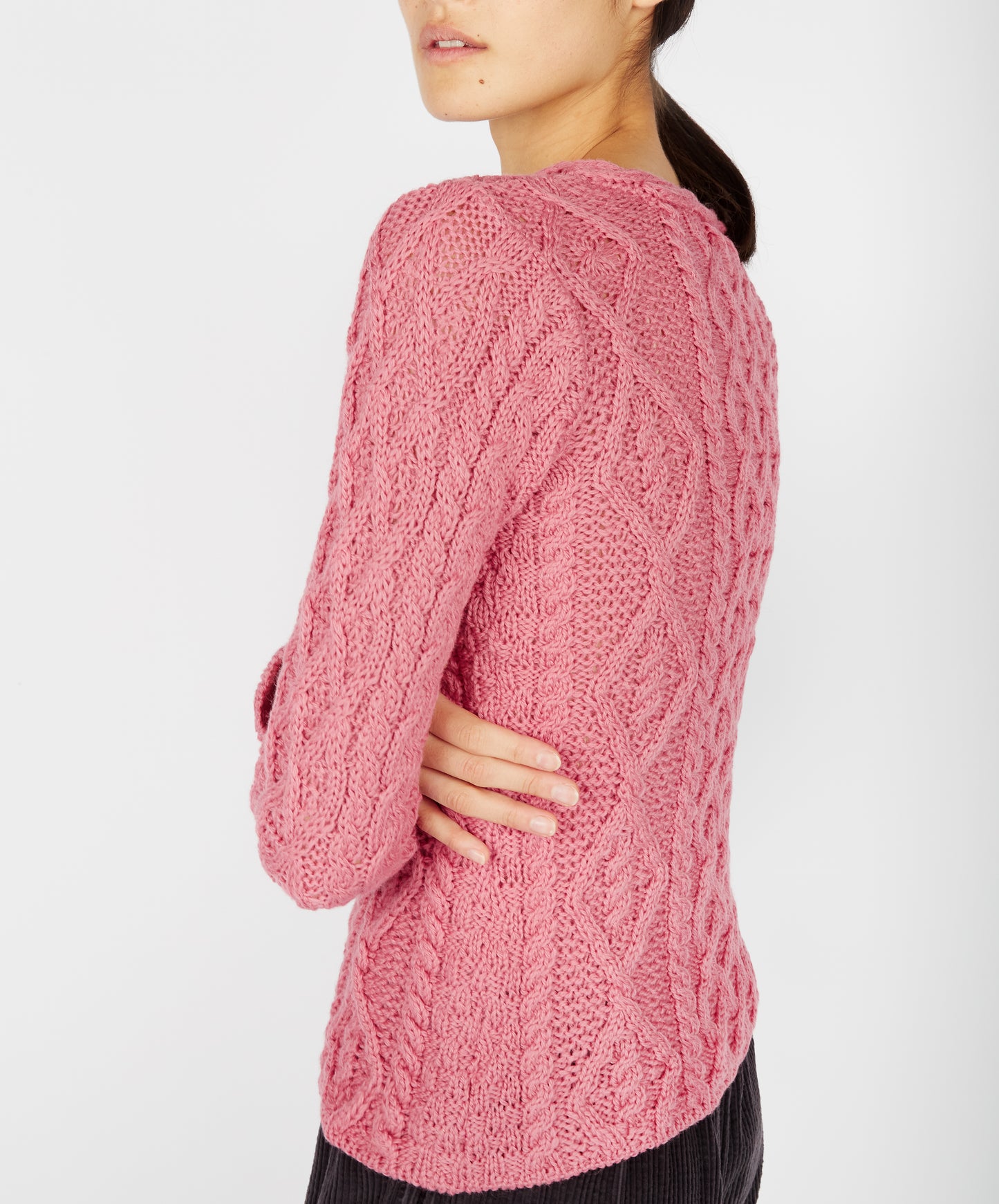 IrelandsEye Knitwear Lambay Lattice Cable Aran Sweater Rosa Pink