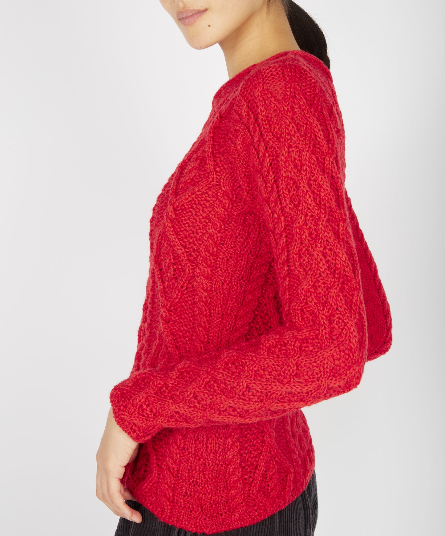 IrelandsEye Knitwear Lambay Lattice Cable Aran Sweater Scarlet