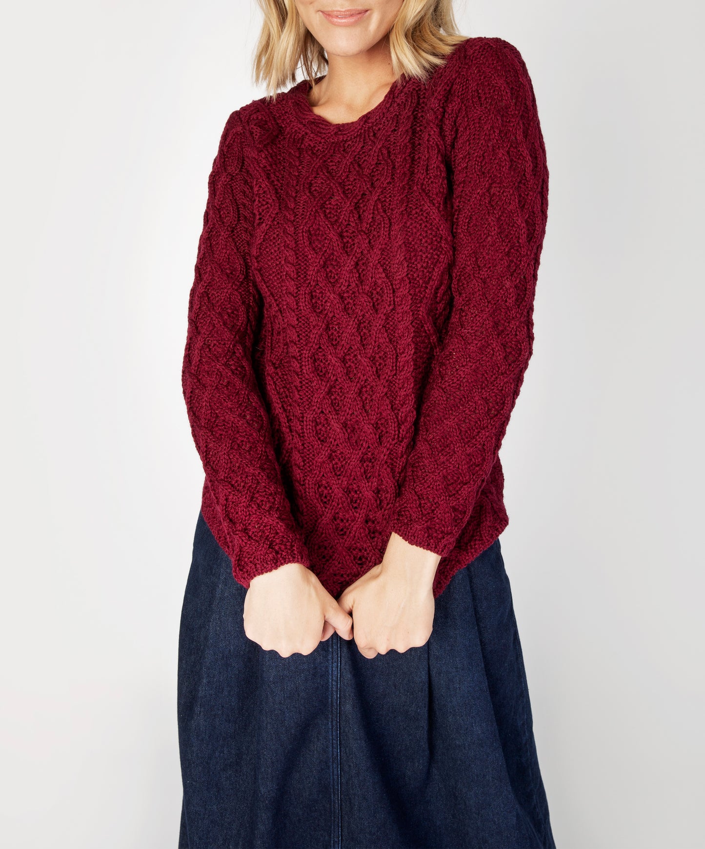 IrelandsEye Knitwear Lambay Lattice Cable Aran Sweater Claret