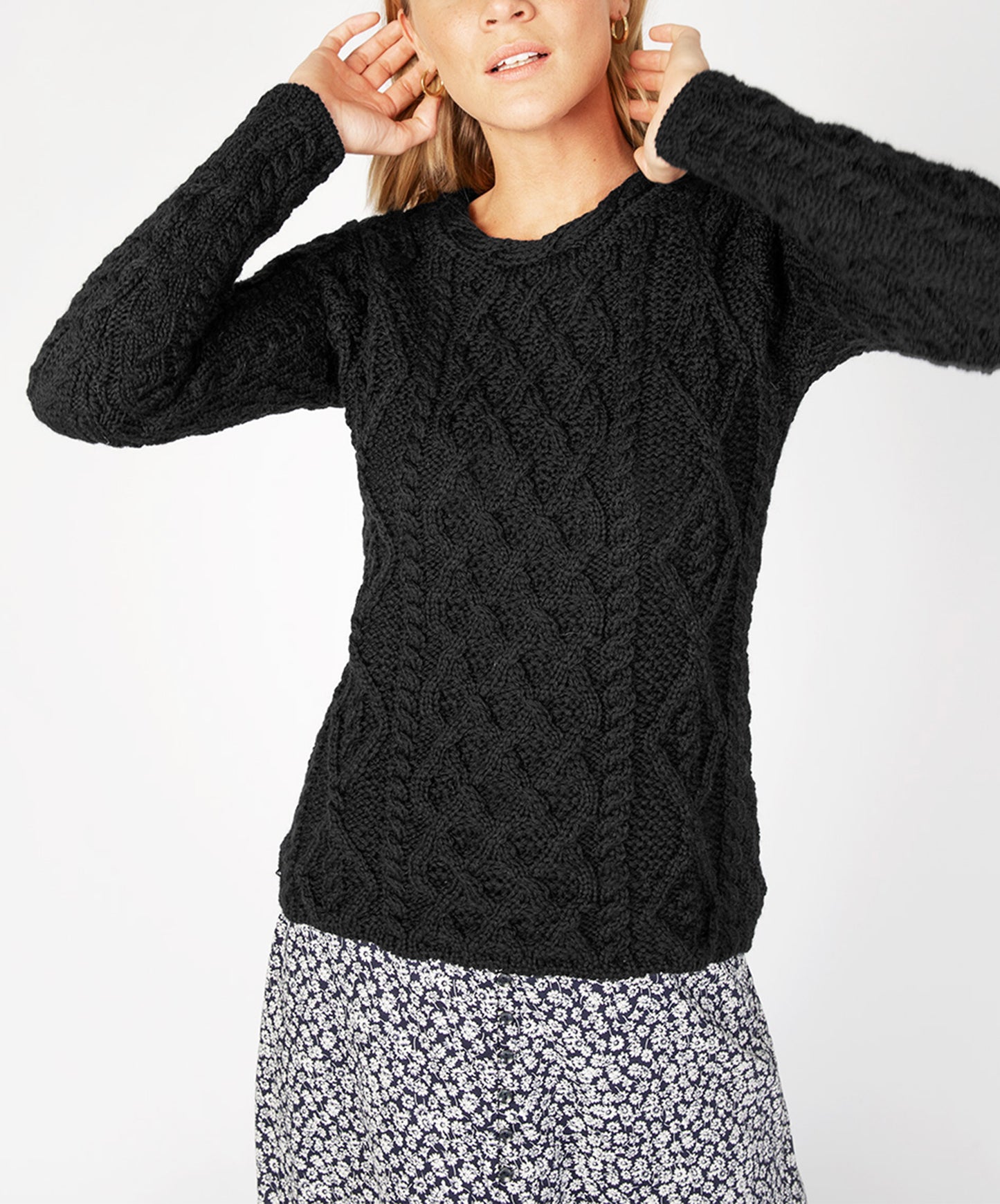IrelandsEye Knitwear Lambay Lattice Cable Aran Sweater Dark Night