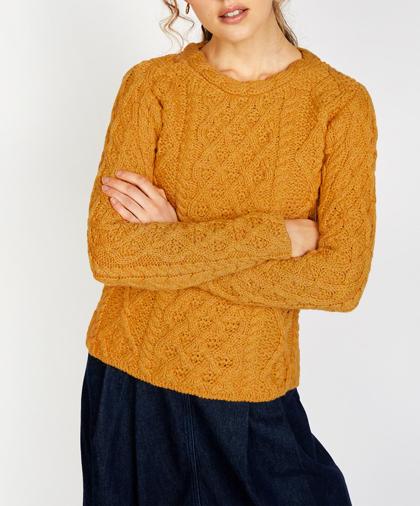 IrelandsEye Knitwear Lambay Lattice Cable Aran Sweater Golden Ochre