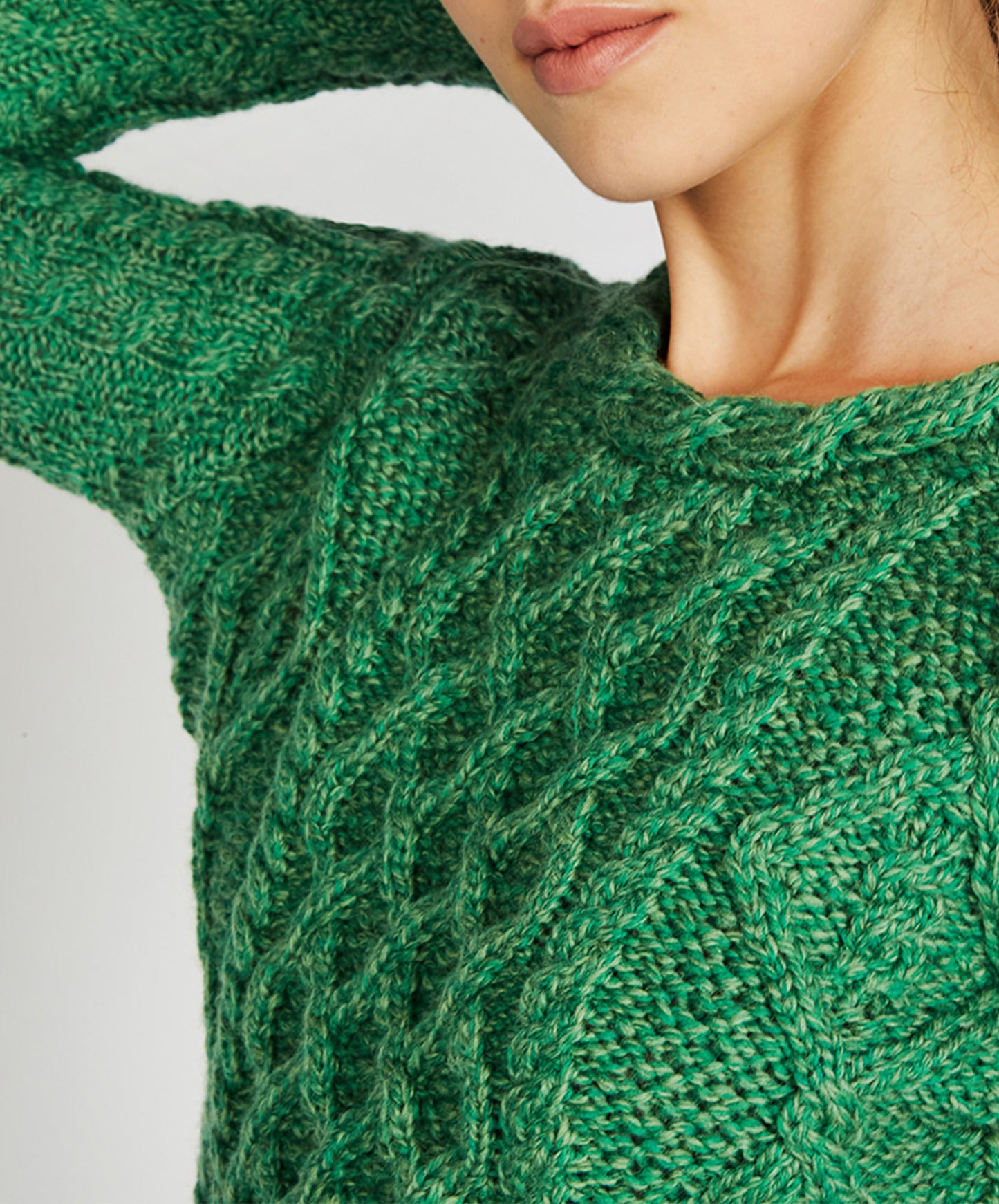 IrelandsEye Knitwear Lambay Lattice Cable Aran Sweater Green Marl
