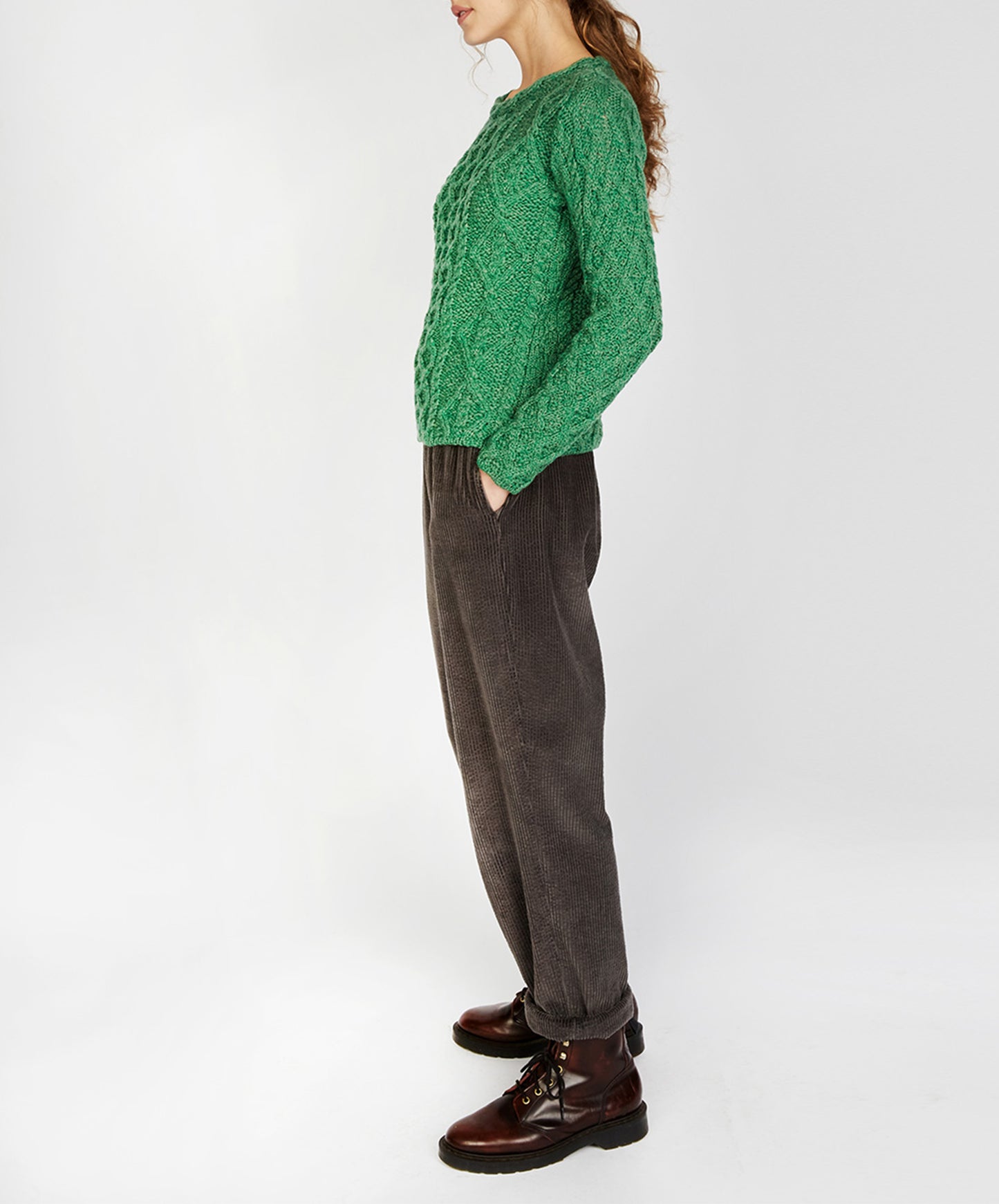 IrelandsEye Knitwear Lambay Lattice Cable Aran Sweater Green Marl