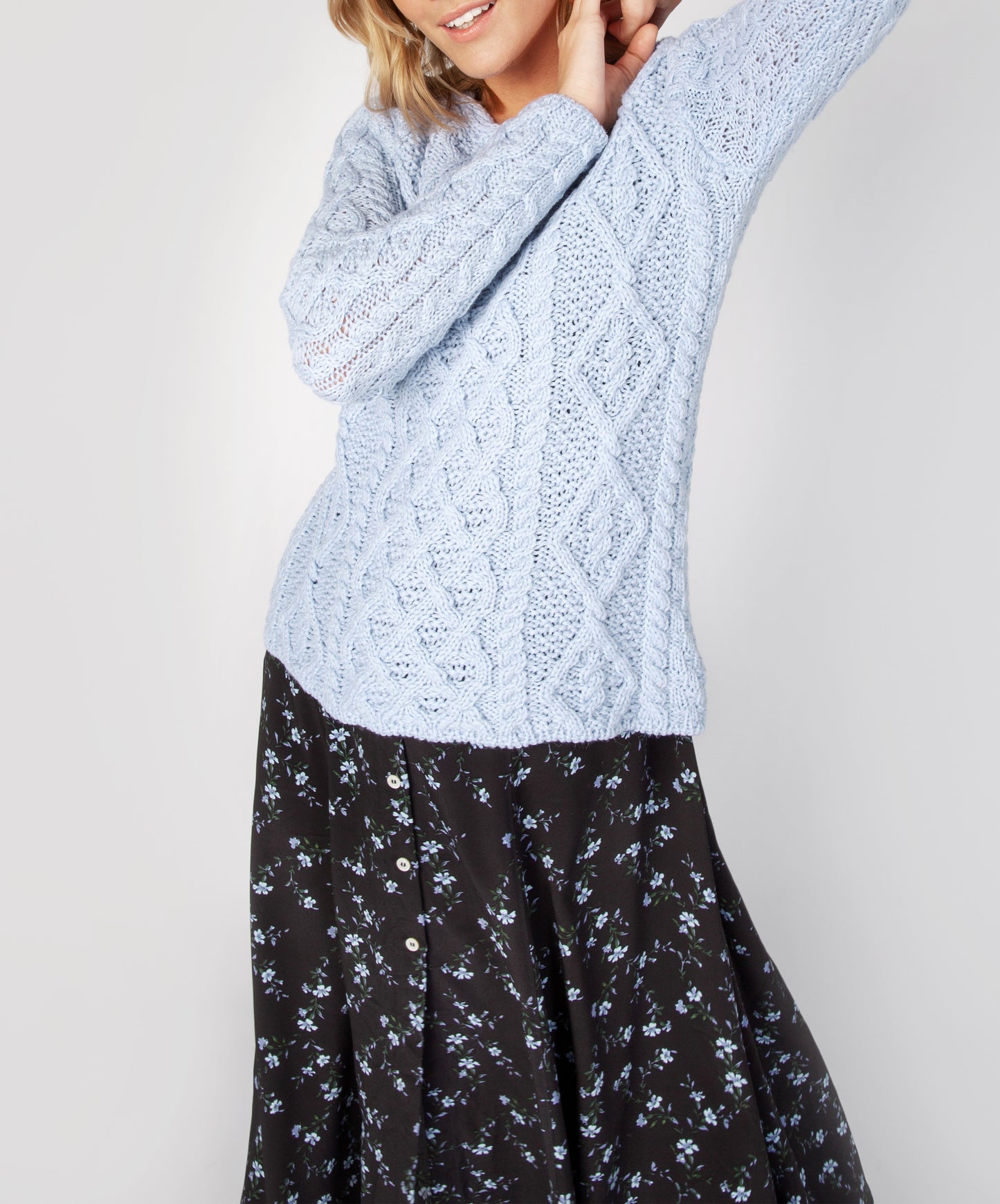 IrelandsEye Knitwear Lambay Lattice Cable Aran Sweater Ice Blue