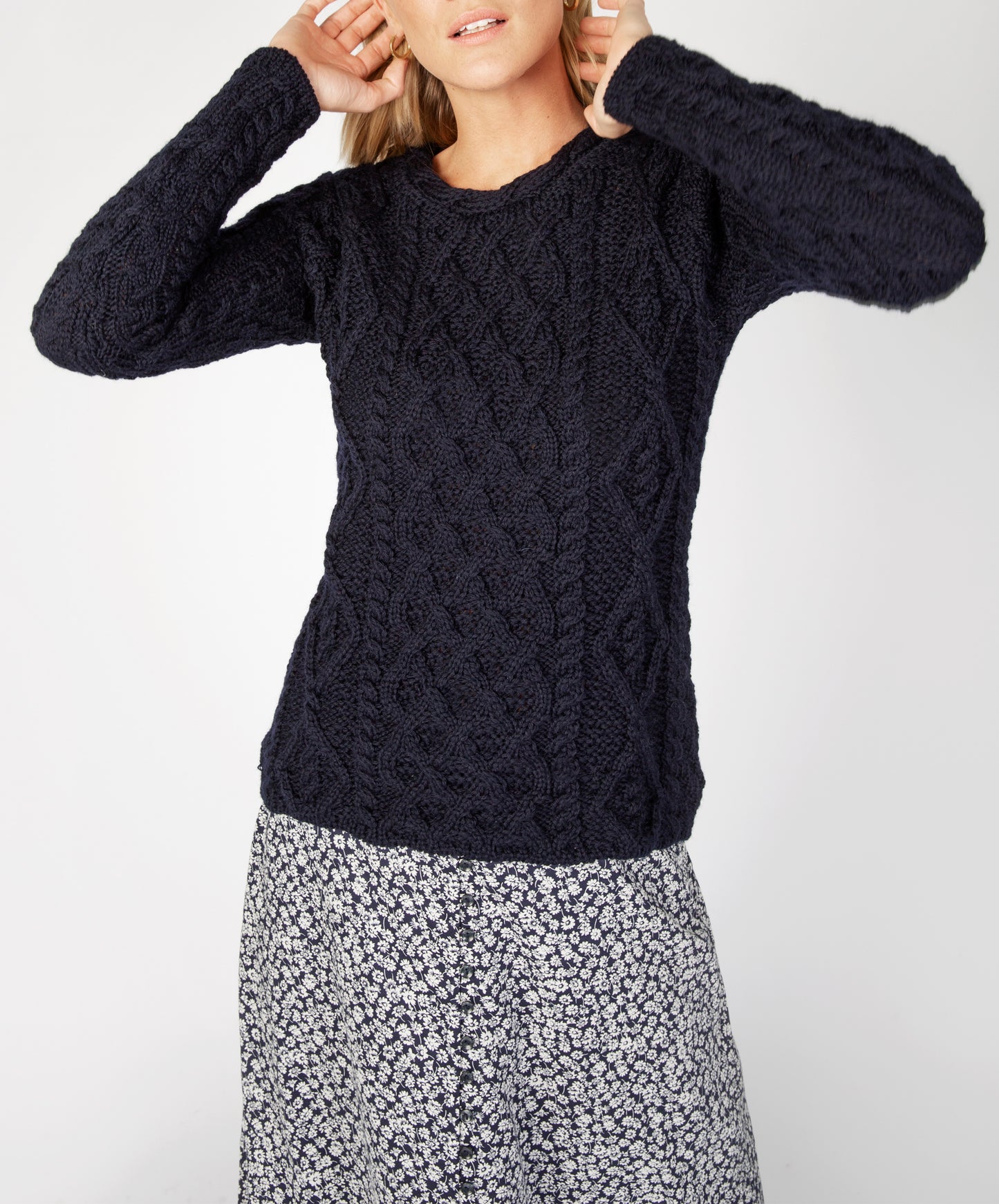 IrelandsEye Knitwear Lambay Lattice Cable Aran Sweater Navy