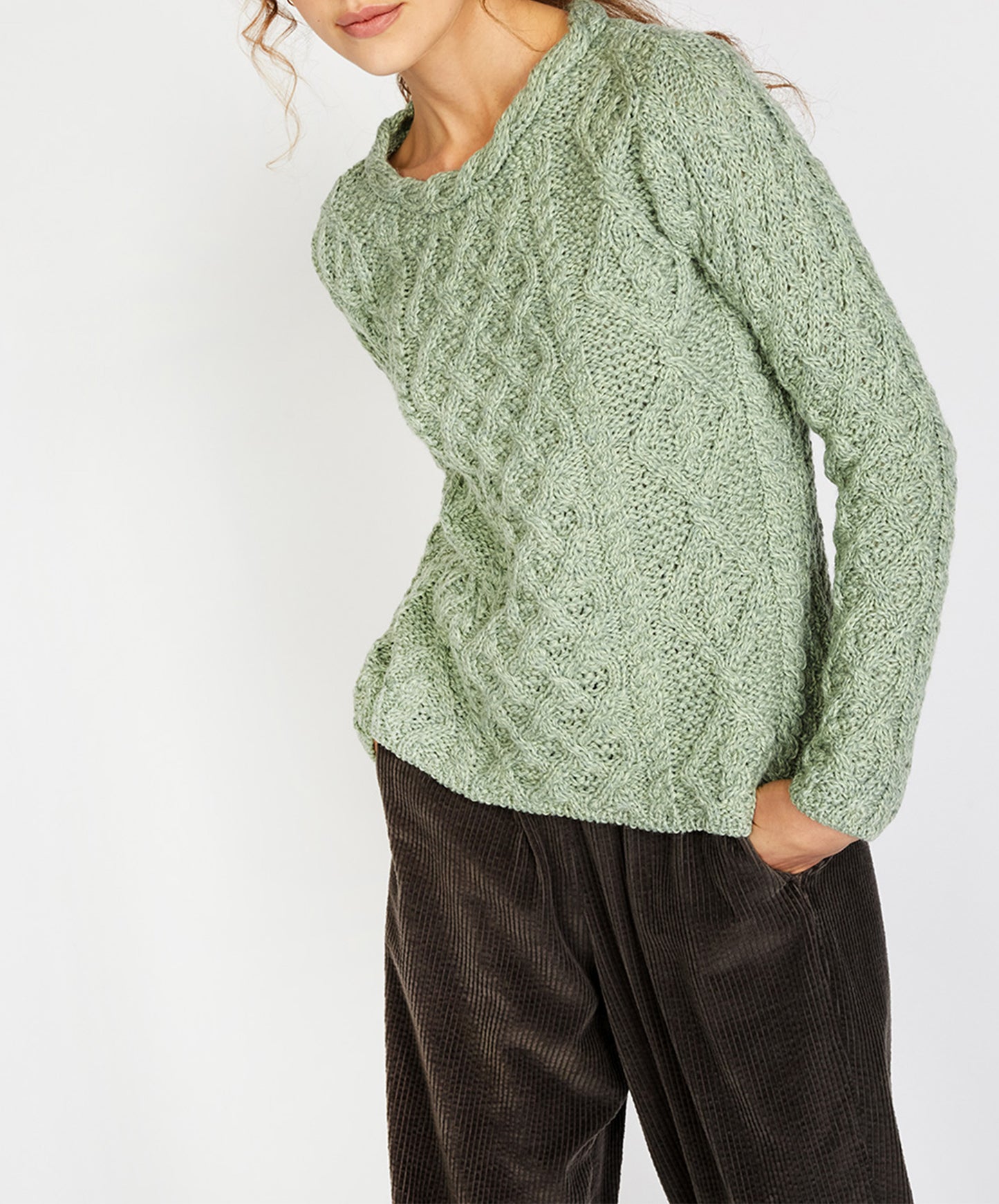 IrelandsEye Knitwear Lambay Lattice Cable Aran Sweater Sage Marl