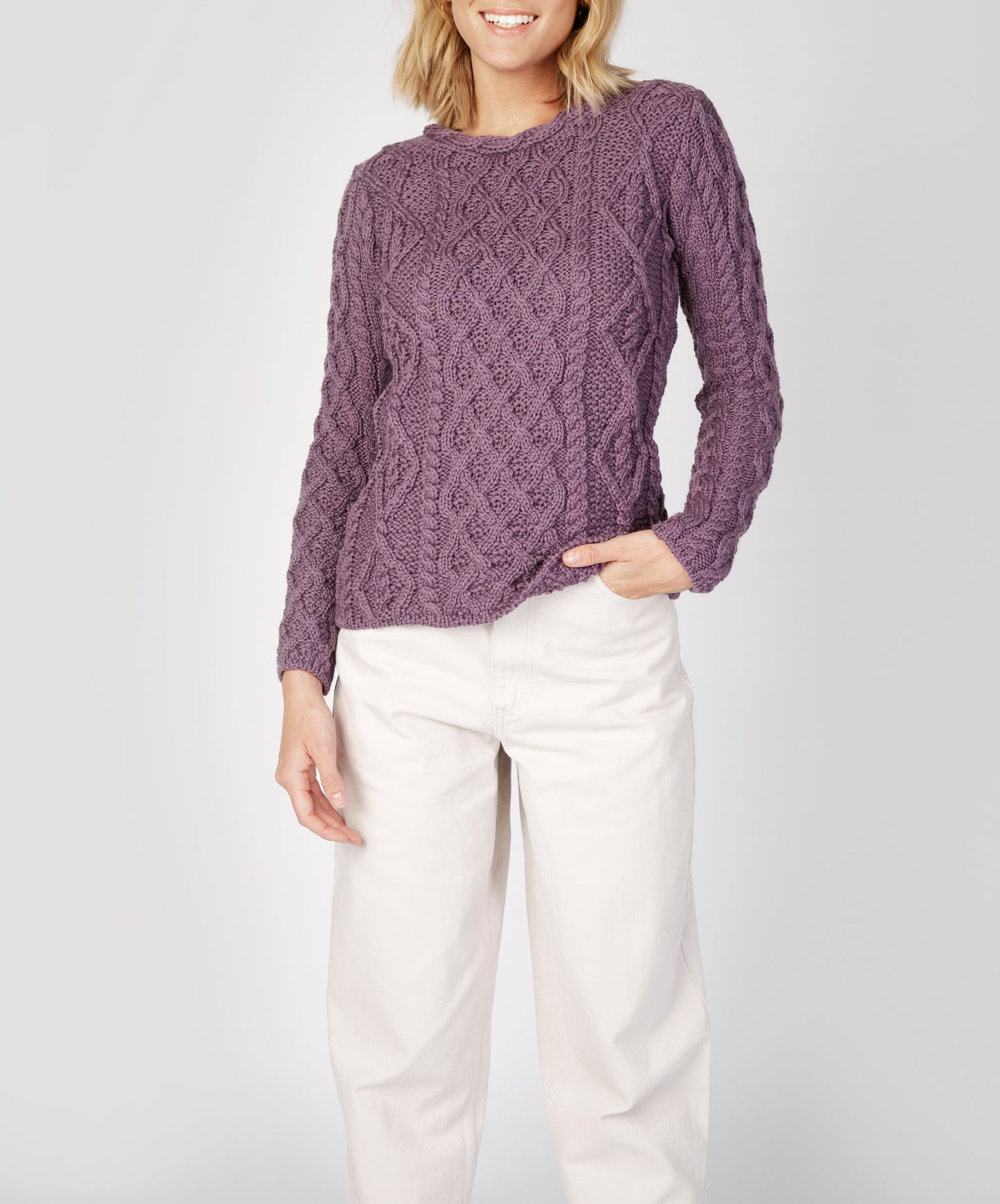 IrelandsEye Knitwear Lambay Lattice Cable Aran Sweater Warm Lavender