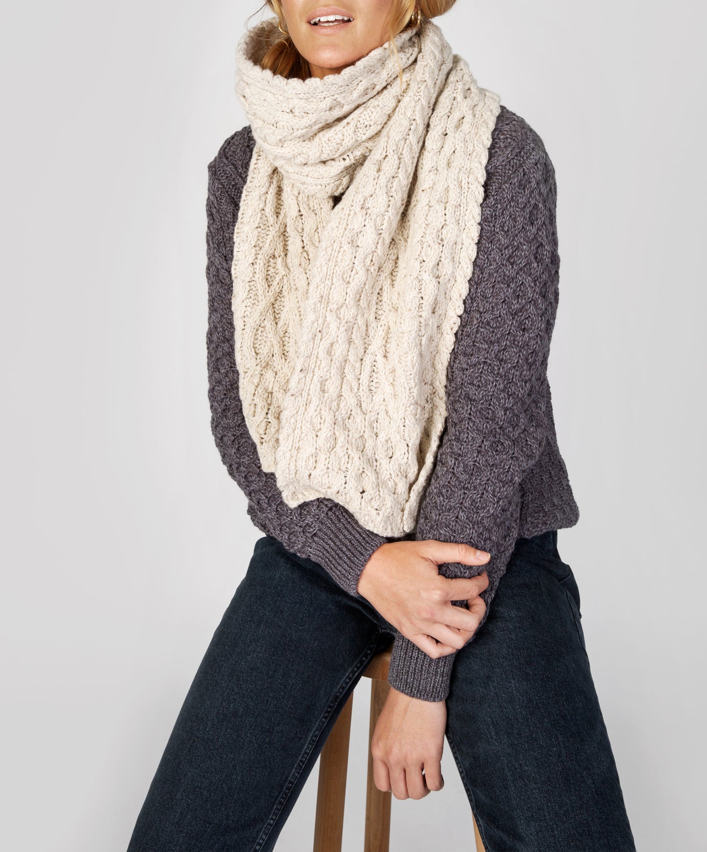 IrelandsEye Knitwear Merino Aran Scarf Silver Marl