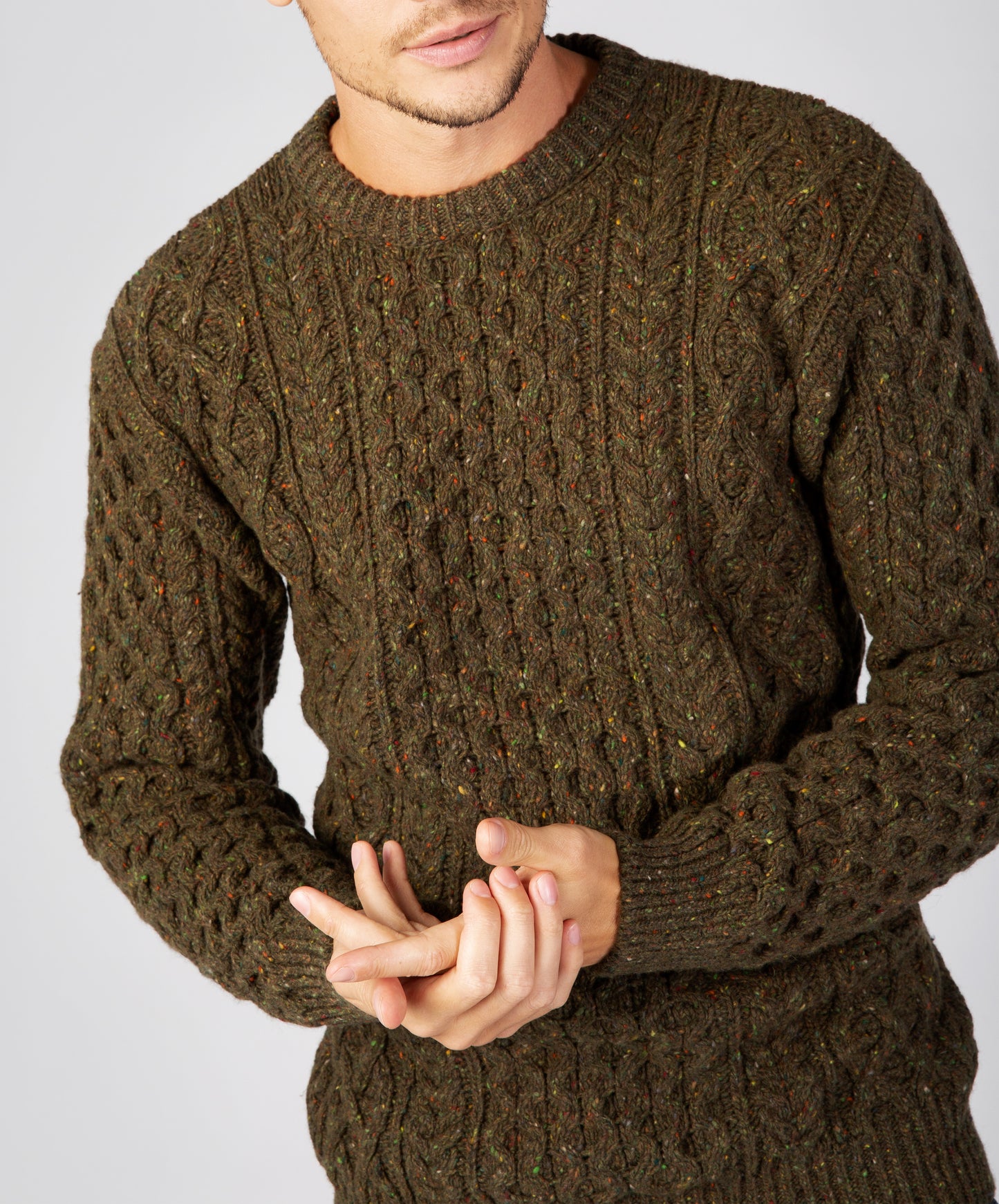 IrelandsEye Knitwear Carraig Luxe Aran Sweater Loden