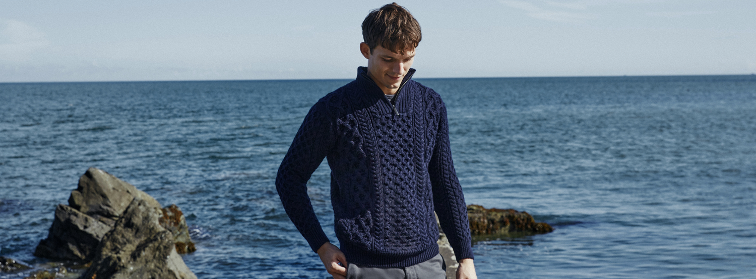 IrelandsEye Knitwear ‘Dromore’ Aran Troyer Sweater in Navy Merino
