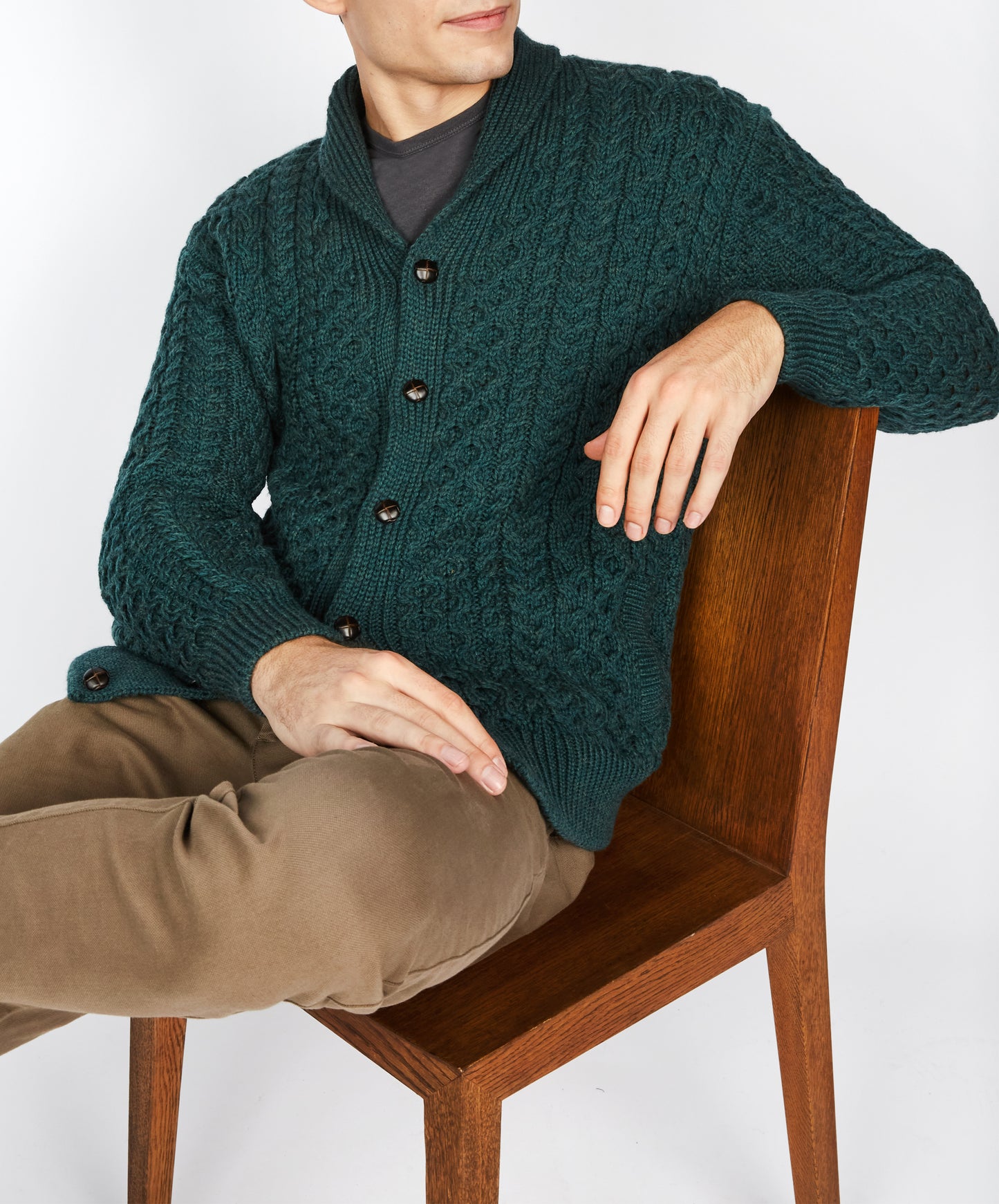 IrelandsEye Knitwear 'Woodford' Aran Cardigan in Evergreen Merino