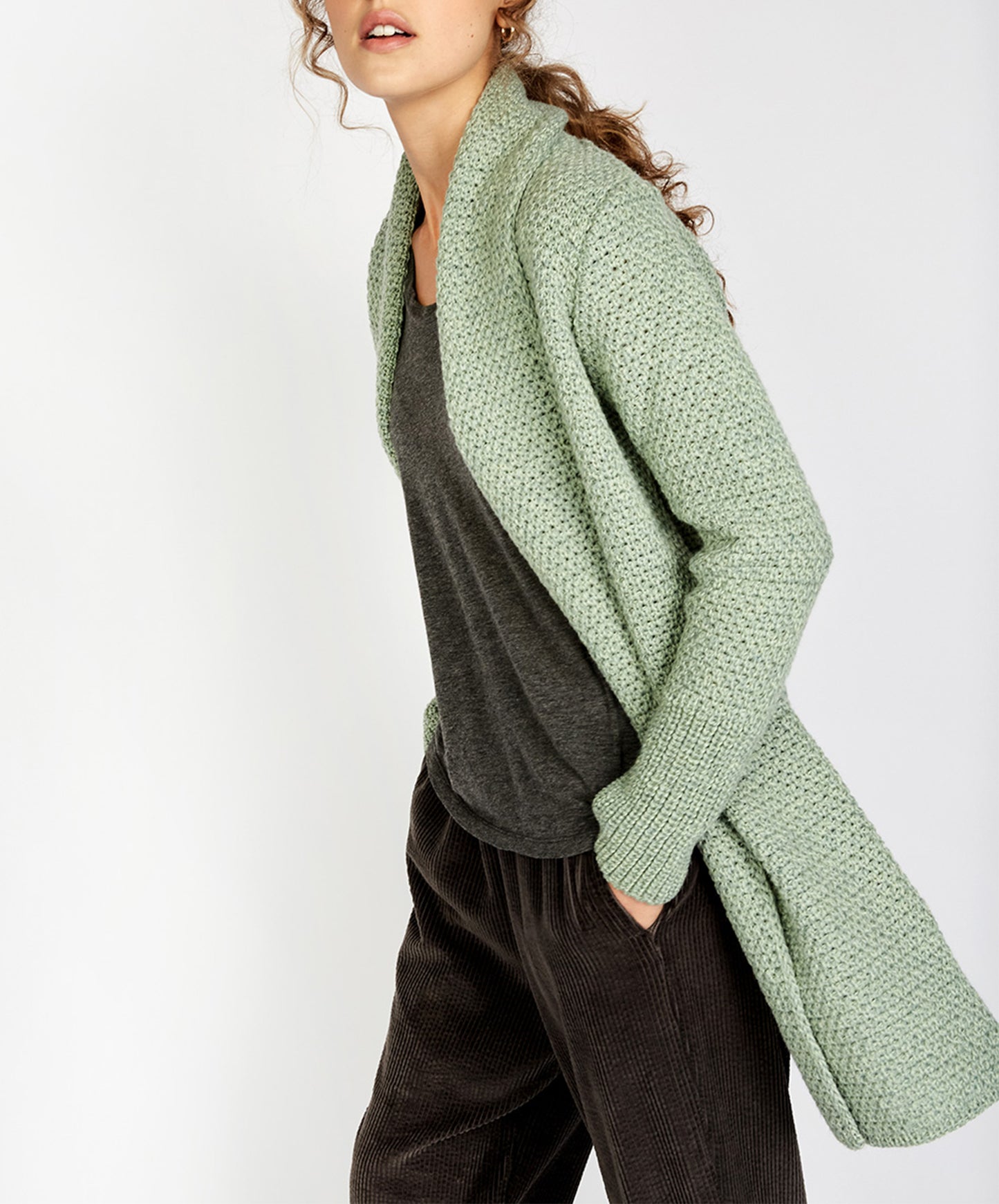 IrelandsEye Knitwear Kilcoole Textured Coatigan in Sage Marl Merino