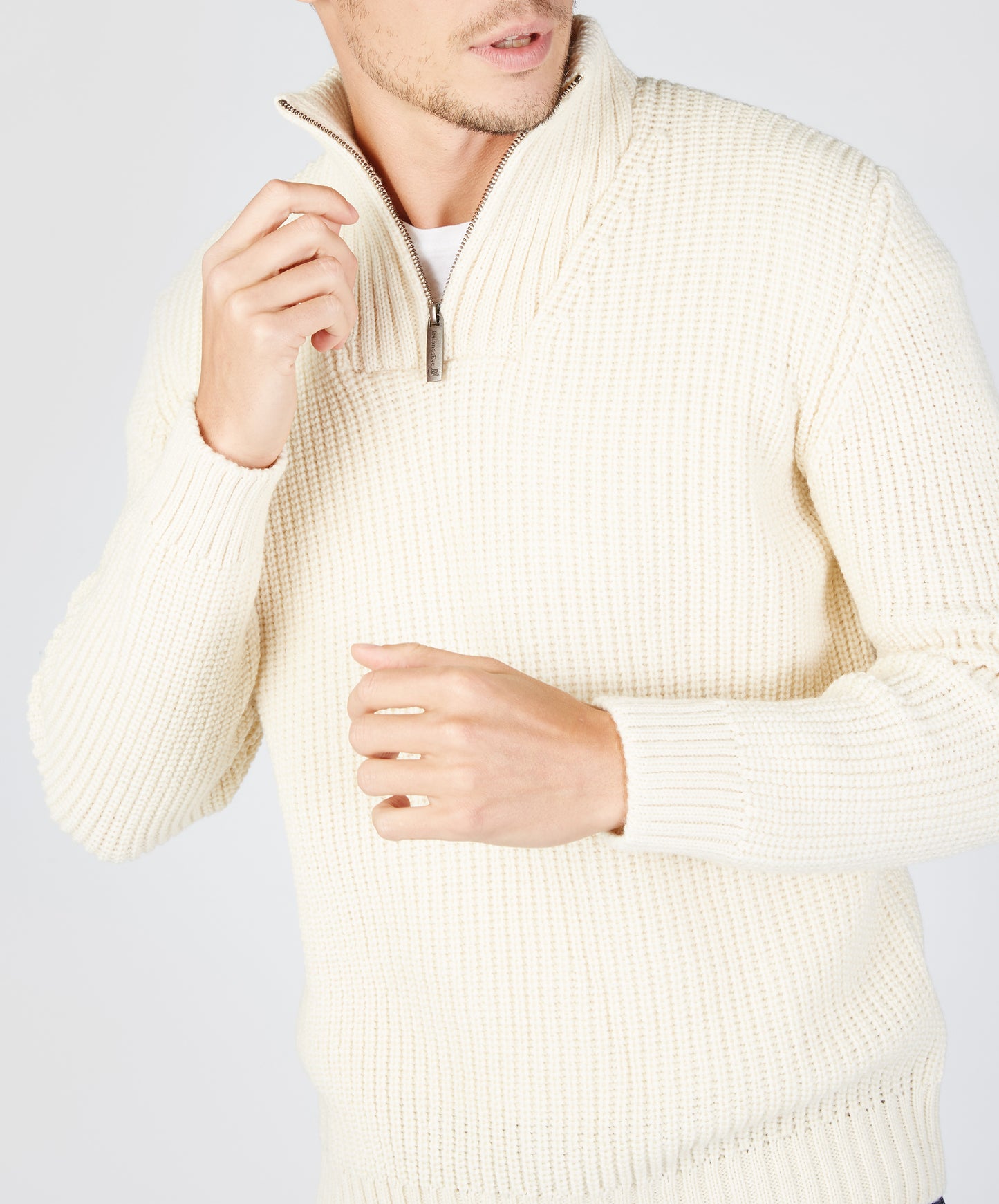 IrelandsEye Knitwear Reefer Ribbed Zip Neck Sweater in Natural
