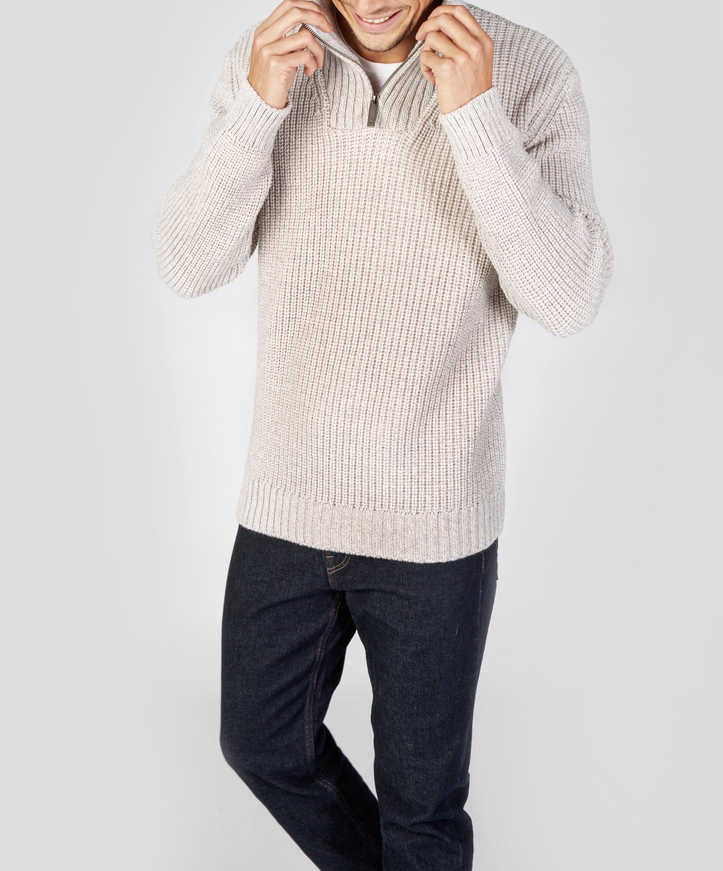 IrelandsEye Knitwear Reefer Ribbed Zip Neck Sweater in Silver Marl