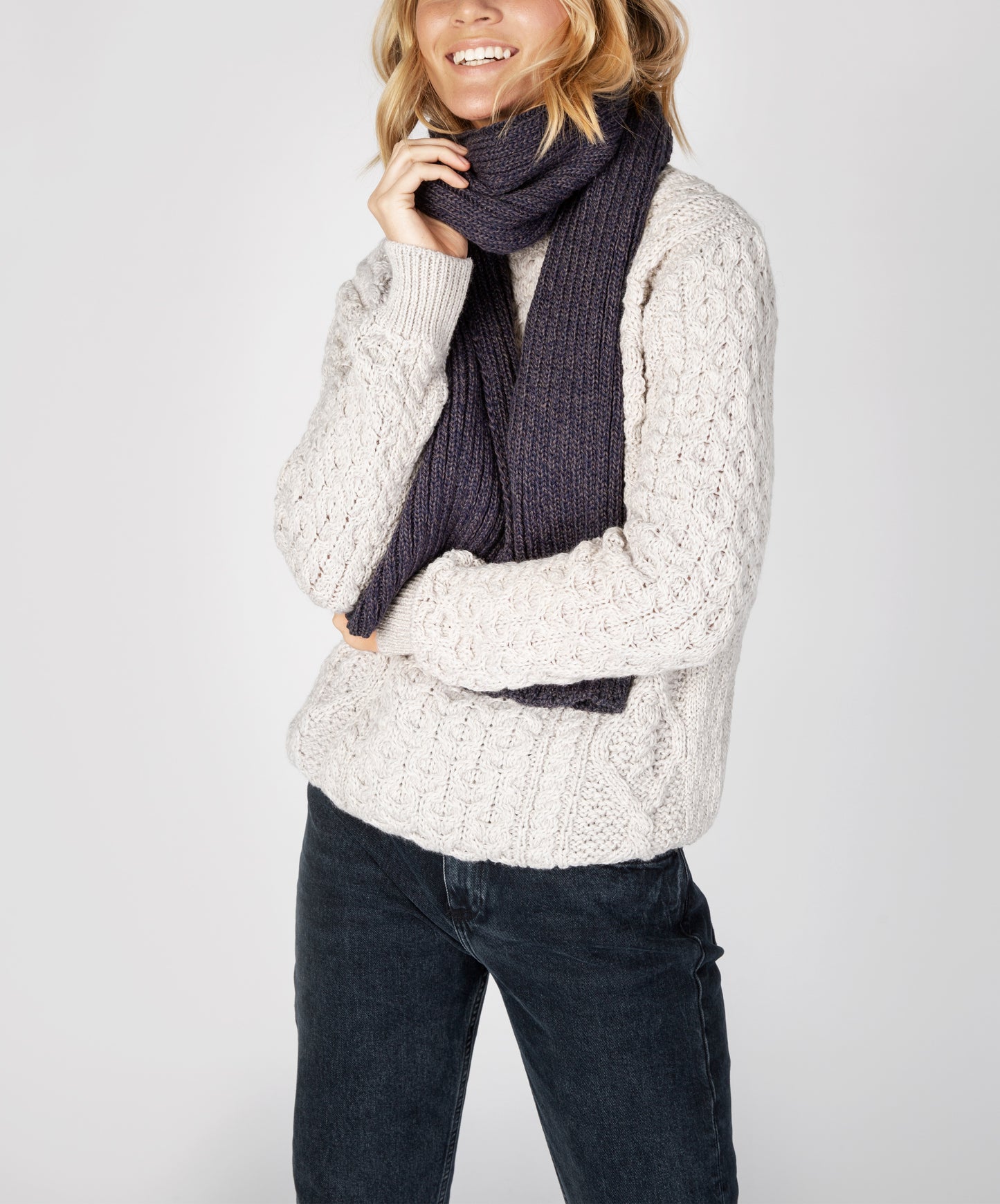 IrelandsEye Knitwear Ribbed Merino Scarf Navy Marl