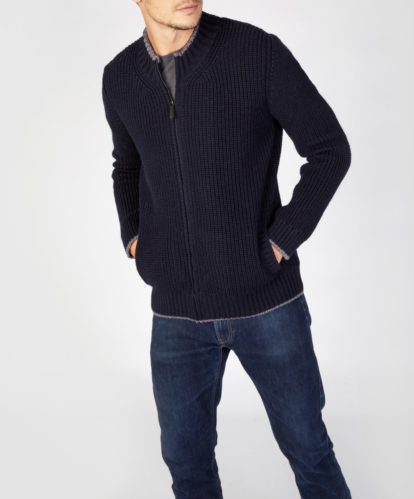 IrelandsEye Knitwear Rockbrook Zipped Ribbed Cardigan Navy