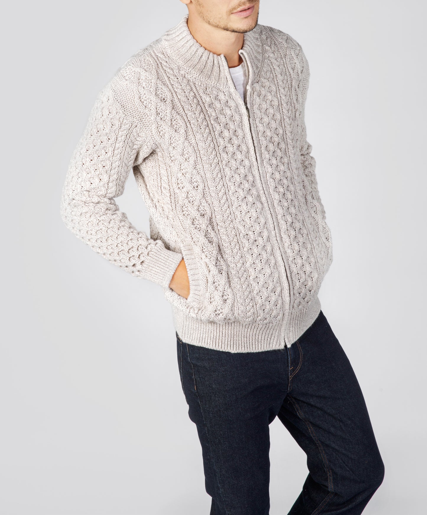 IrelandsEye Knitwear Ardross Aran Cardigan Silver Marl