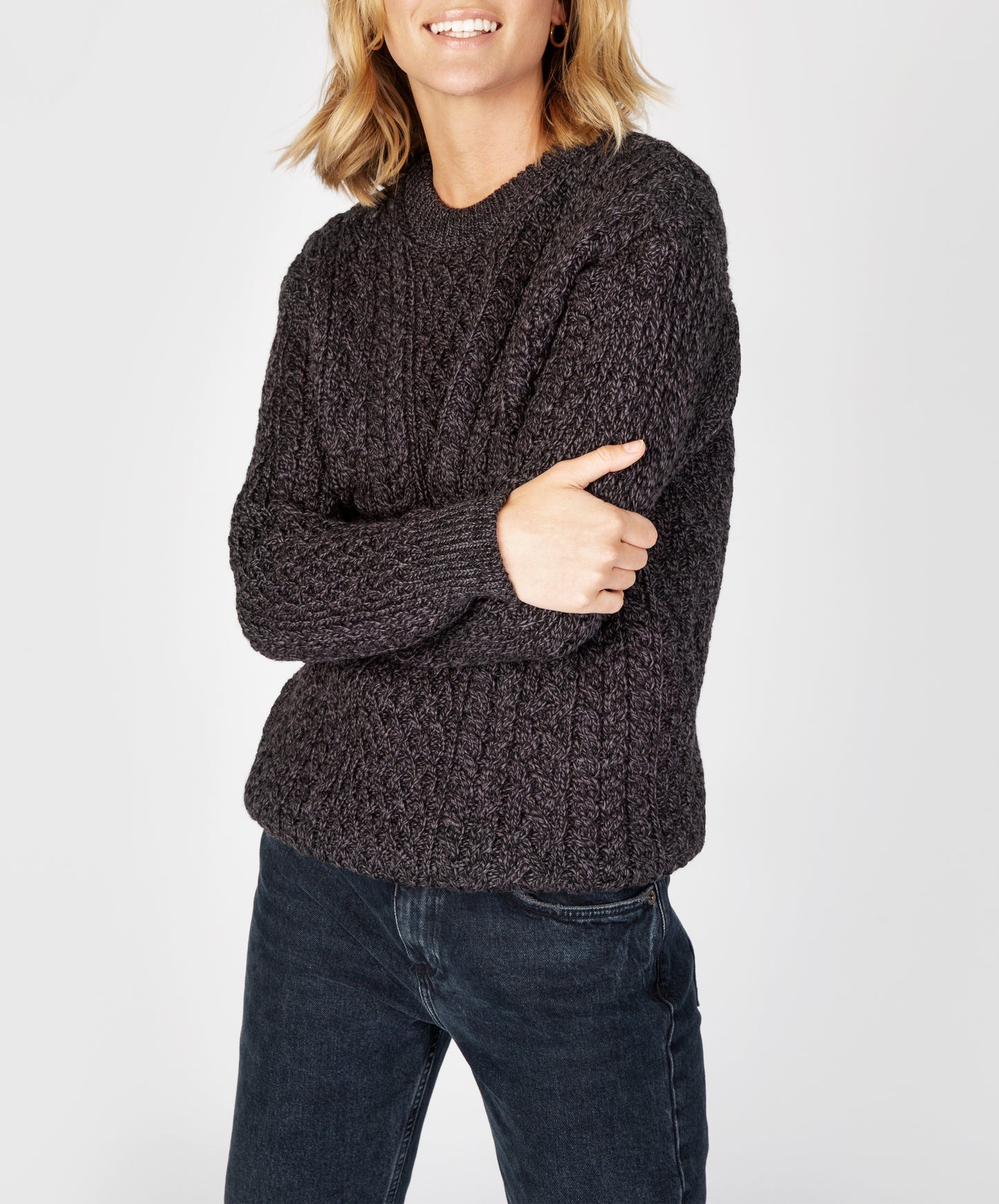 IrelandsEye Knitwear Cuileann Womens Aran Crew Neck Sweater Anthracite