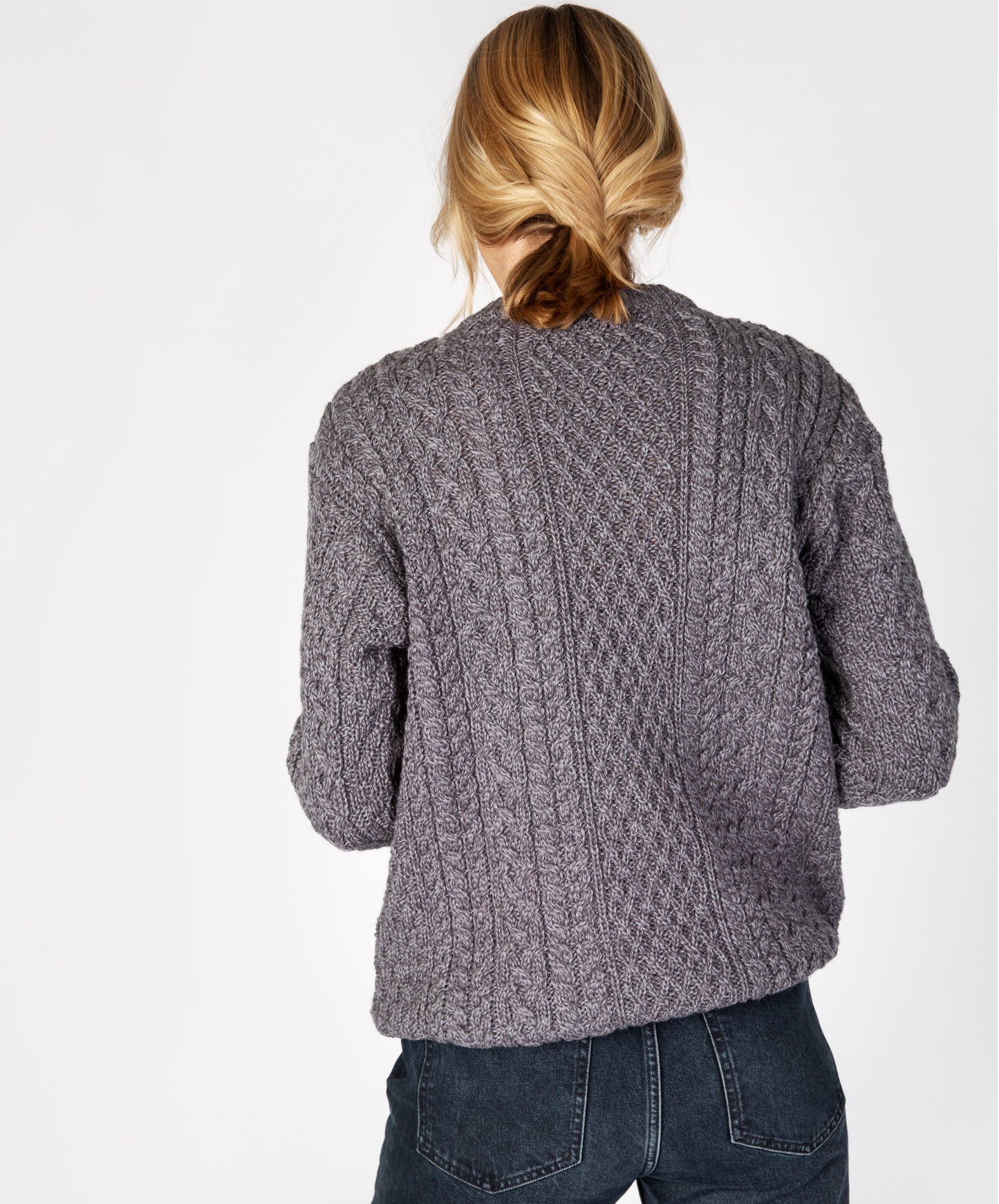 IrelandsEye Knitwear Cuileann Womens Aran Crew Neck Sweater Steel Marl