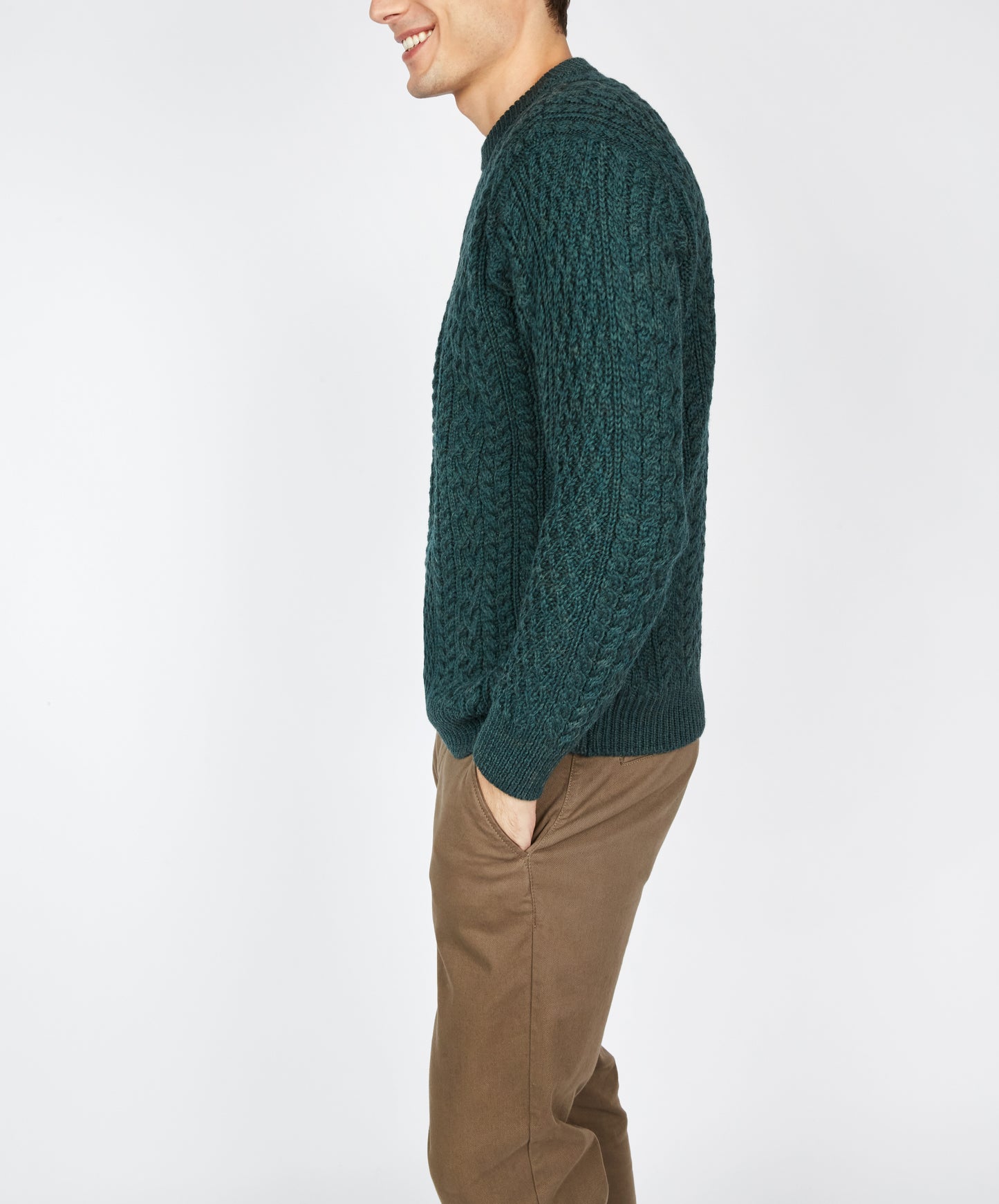 IrelandsEye Knitwear Cuileann Aran Crew Neck Sweater in Evergreen Merino