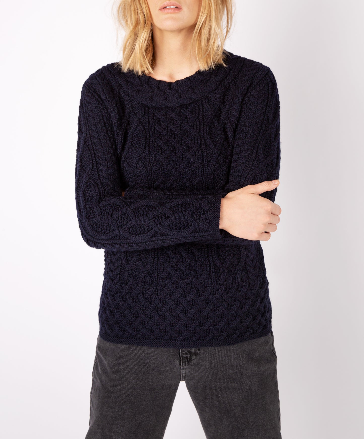 IrelandsEye Knitwear Spindle Aran Cable Neck Sweater Navy