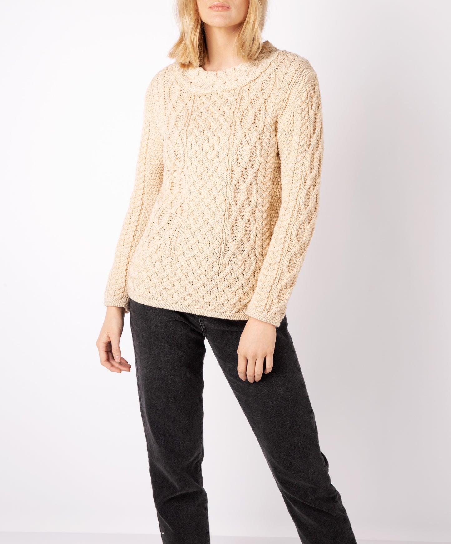 IrelandsEye Knitwear Spindle Aran Cable Neck Sweater in Oatmeal Marl
