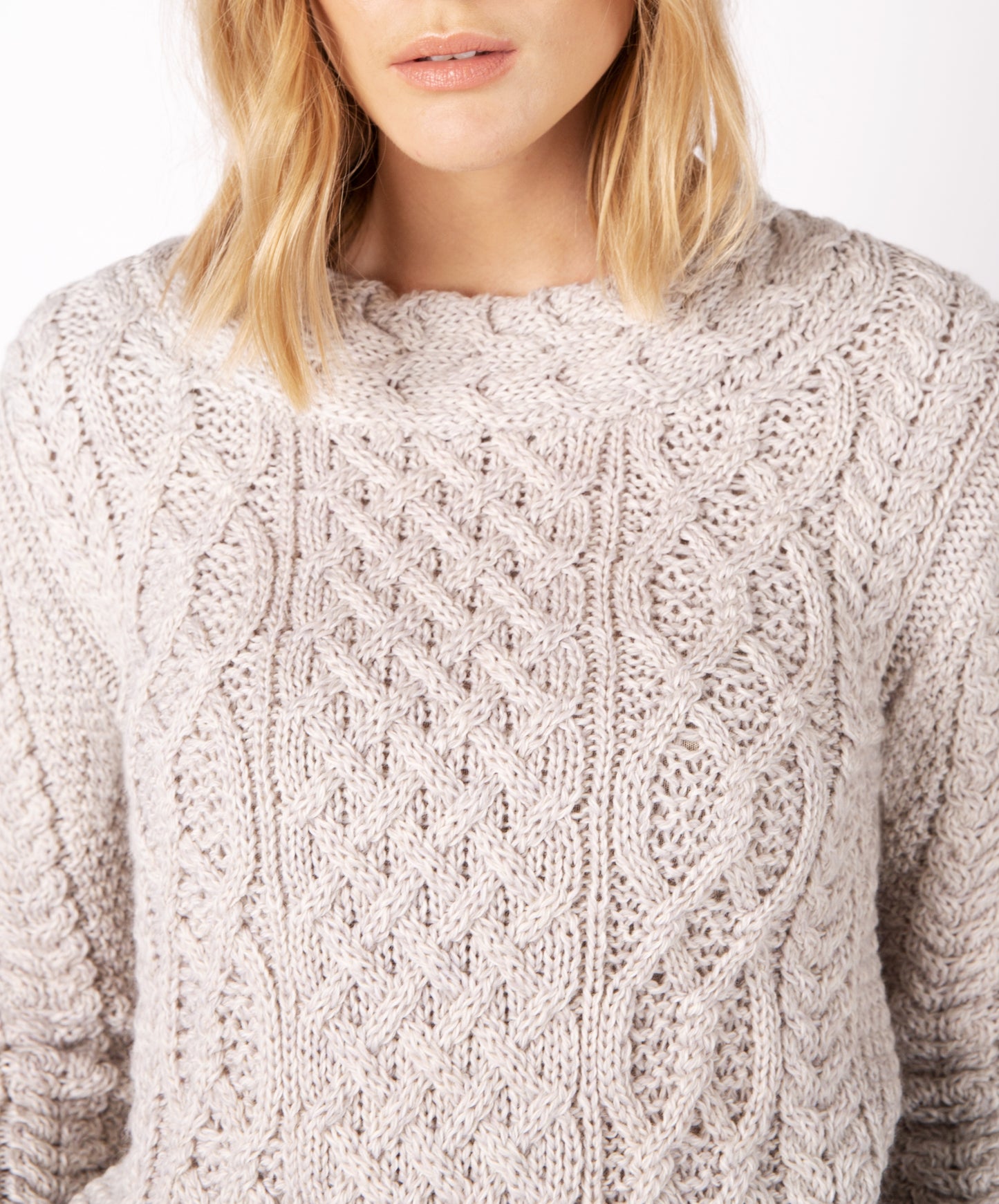 IrelandsEye Knitwear Spindle Aran Cable Neck Sweater in Silver Marl