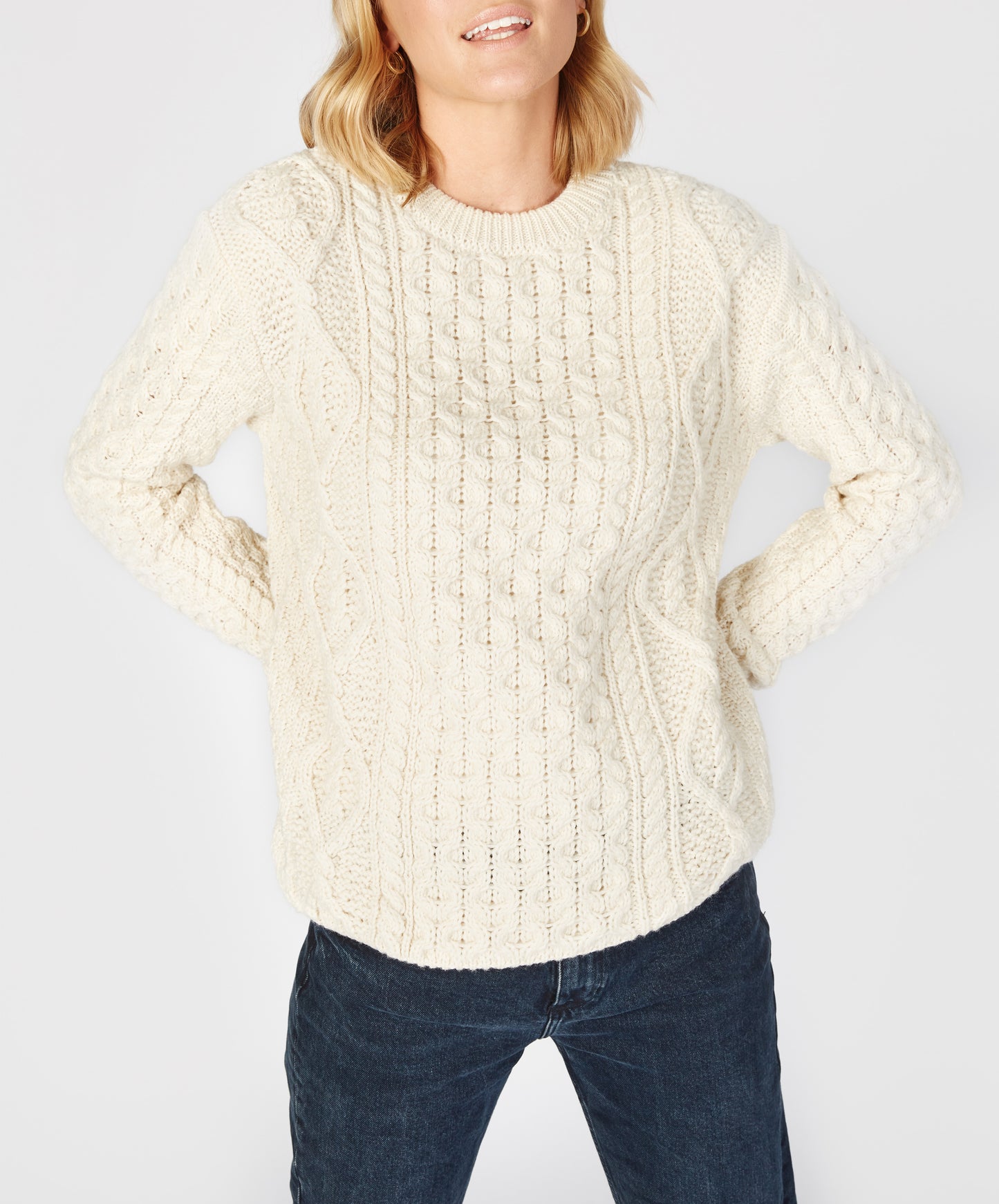 IrelandsEye Knitwear Fearnóg Womens Aran Crew Neck Sweater Natural