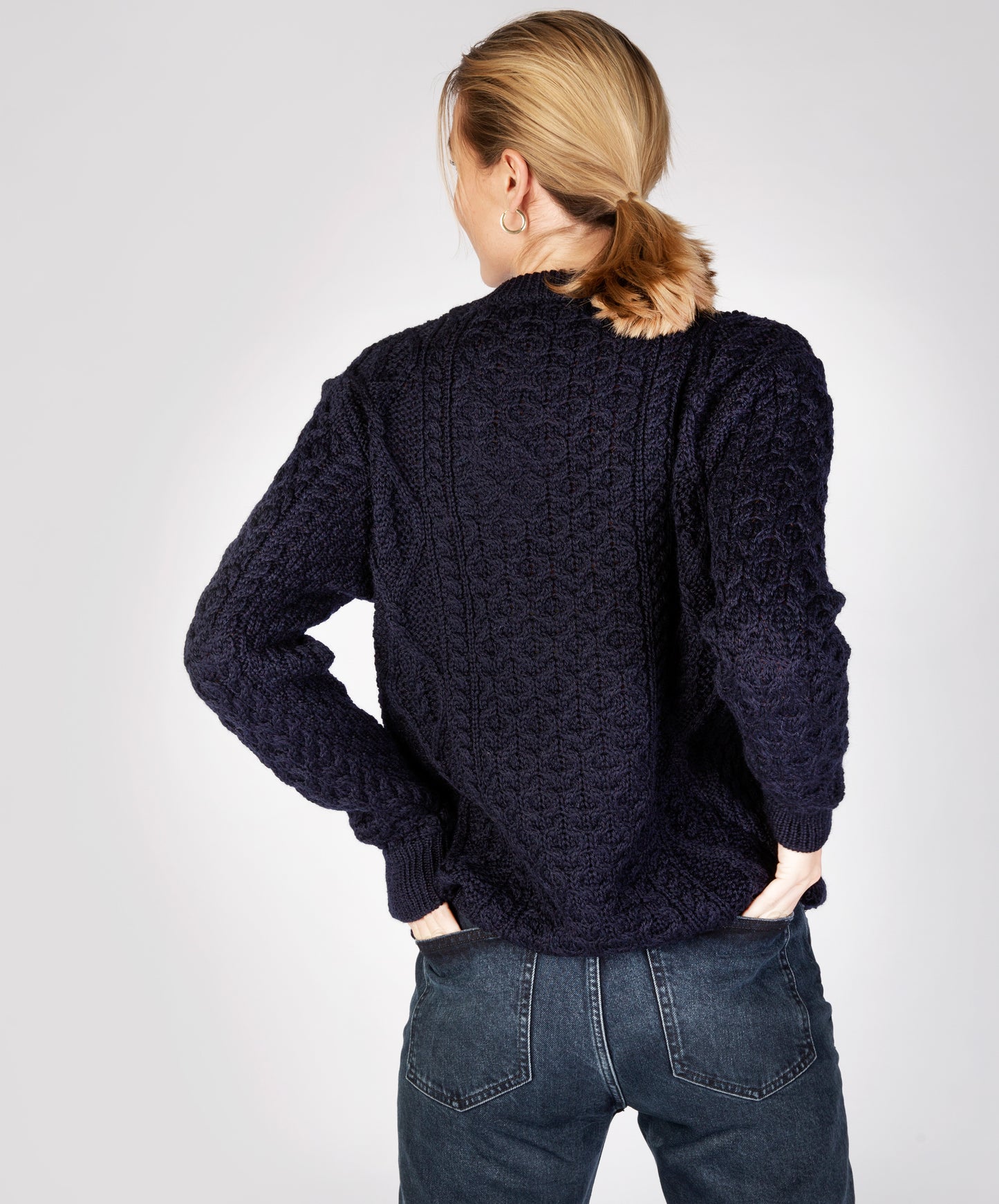IrelandsEye Knitwear Fearnóg Womens Aran Crew Neck Sweater Navy