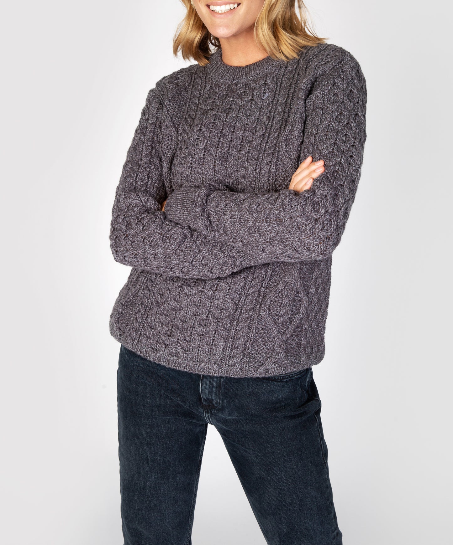 IrelandsEye Knitwear Fearnóg Womens Aran Crew Neck Sweater Steel Marl