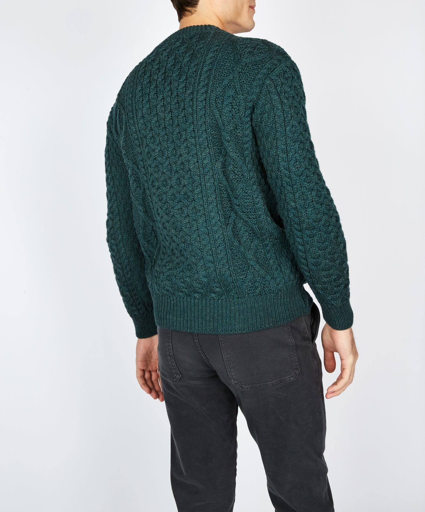 IrelandsEye Knitwear Fearnóg Aran Crew Neck Sweater in Evergreen Merino