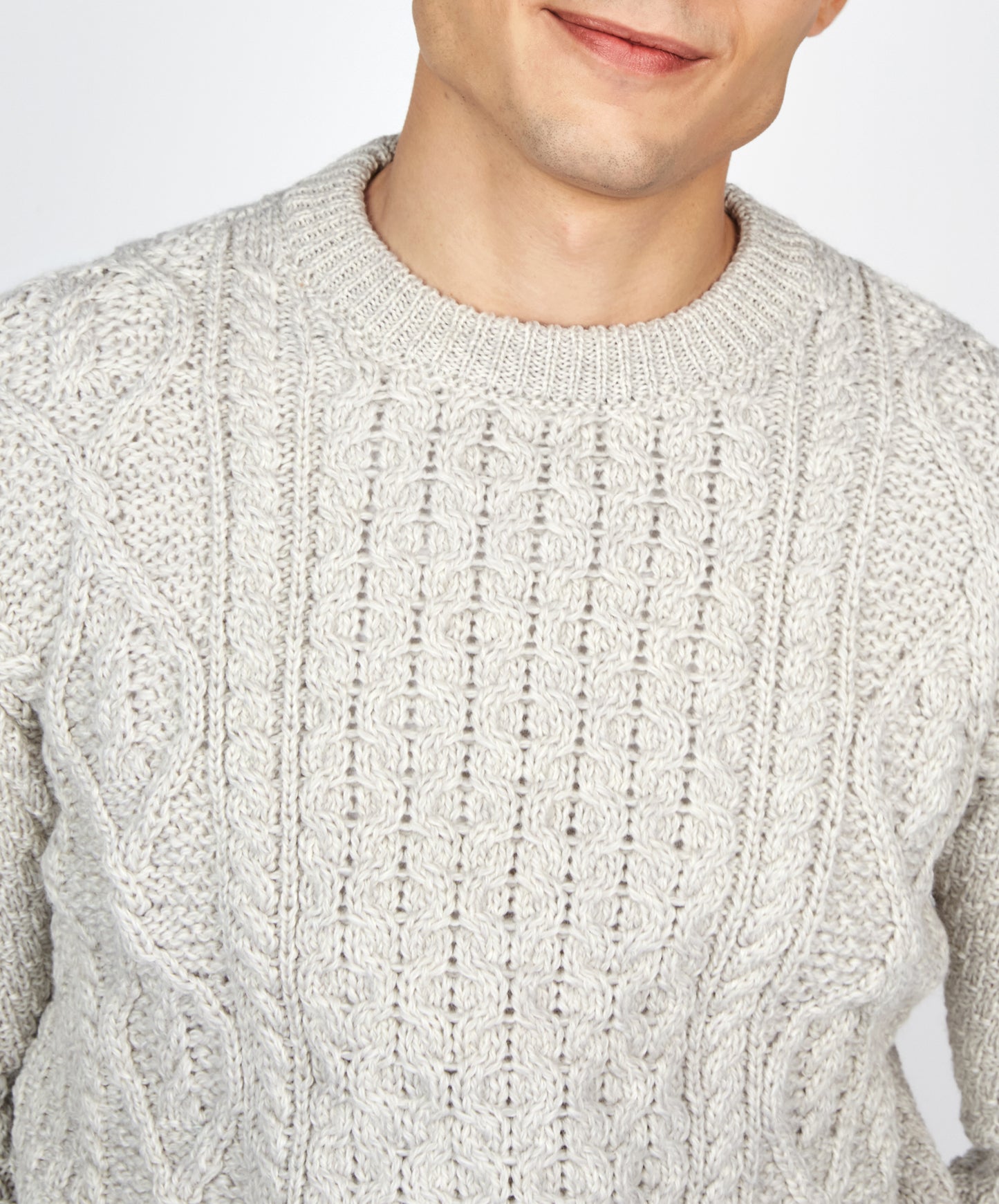 IrelandsEye Knitwear Fearnóg Aran Crew Neck Sweater in Silver Marl Merino