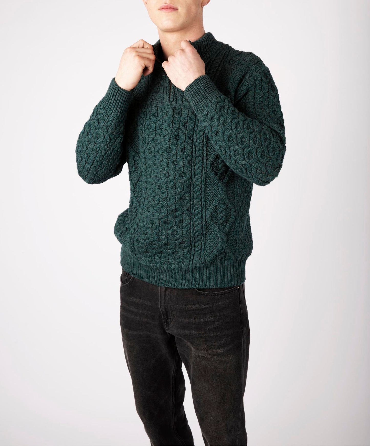 IrelandsEye Knitwear Dris Aran Zip Neck Sweater in Evergreen