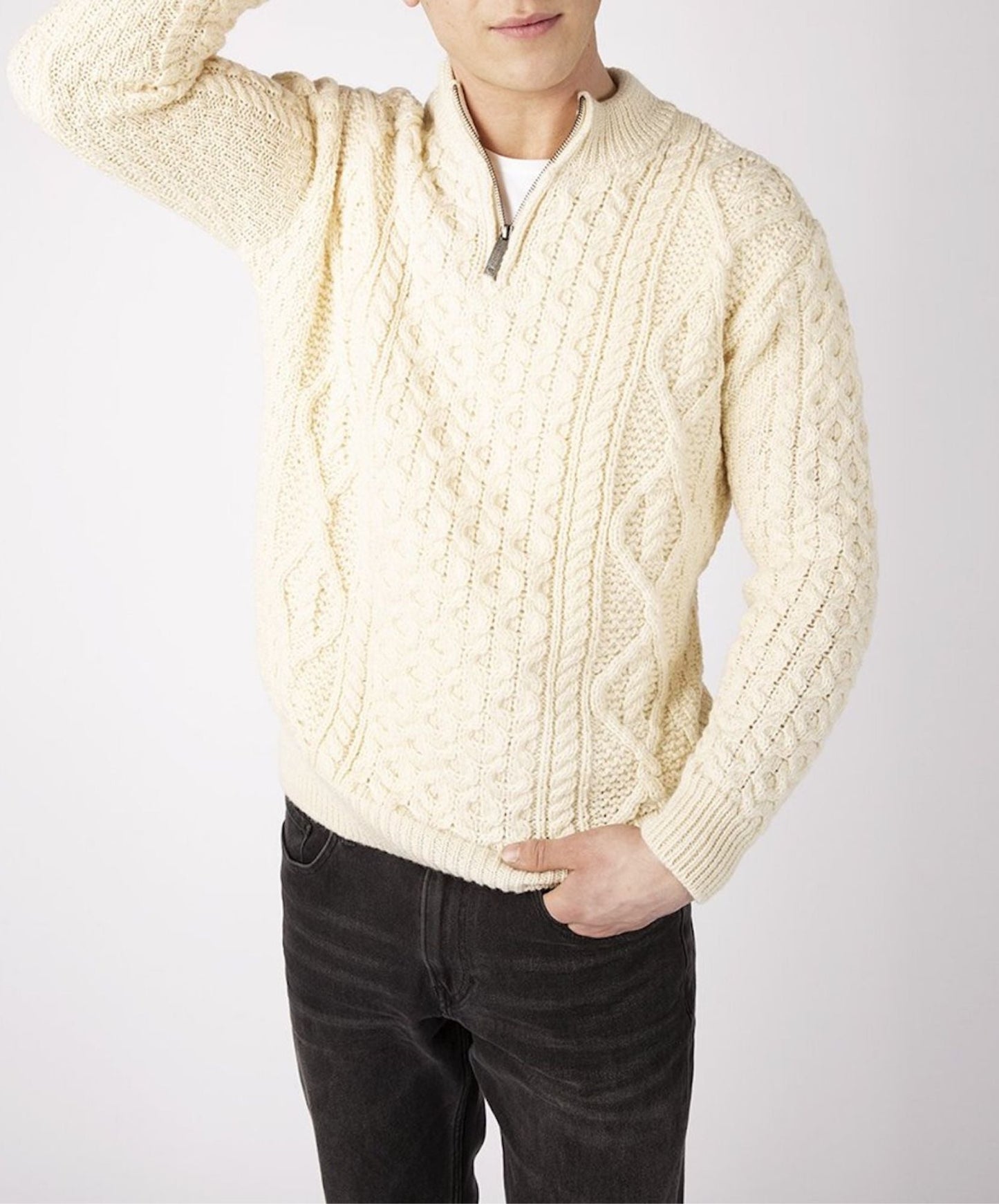 IrelandsEye Knitwear Dris Aran Zip Neck Sweater in Natural